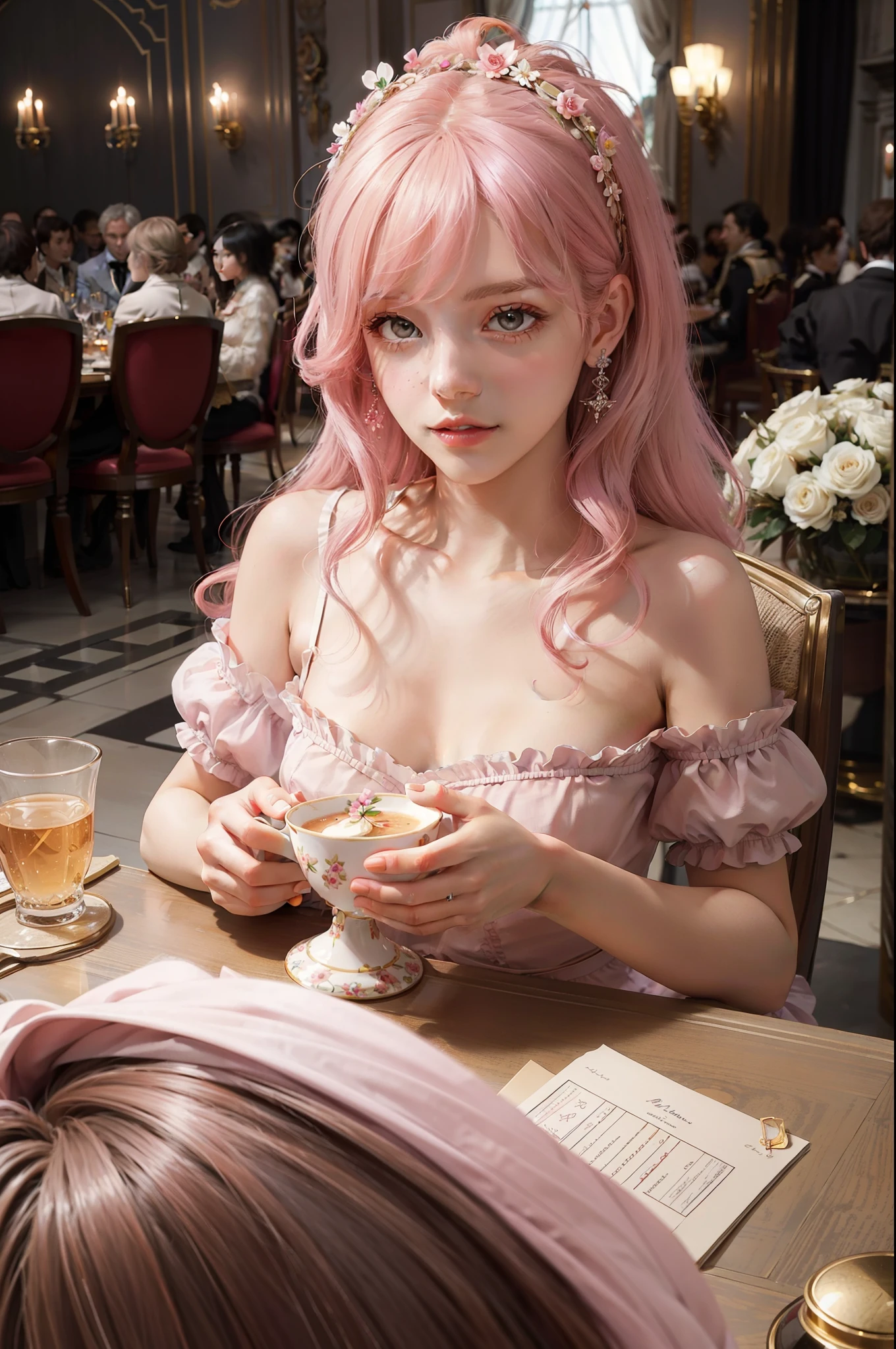 close - up regency solo photo with pink poofy rococo hair with delicate flowers drinking tea - themed party inside palace of versailles, a portrait by Tim Walker showcases a glamorous guest, exuding elegance and sophistication, warmingly gazing. A shallow depth of field f/1.8 is used to isolate the subject from the opulent surroundings, drawing focus to the individual's captivating expression. The shutter speed is set at 1/100s and ISO 200, capturing a perfect balance of ambient and artificial light. Luxury, Flowers, candy colors pallet