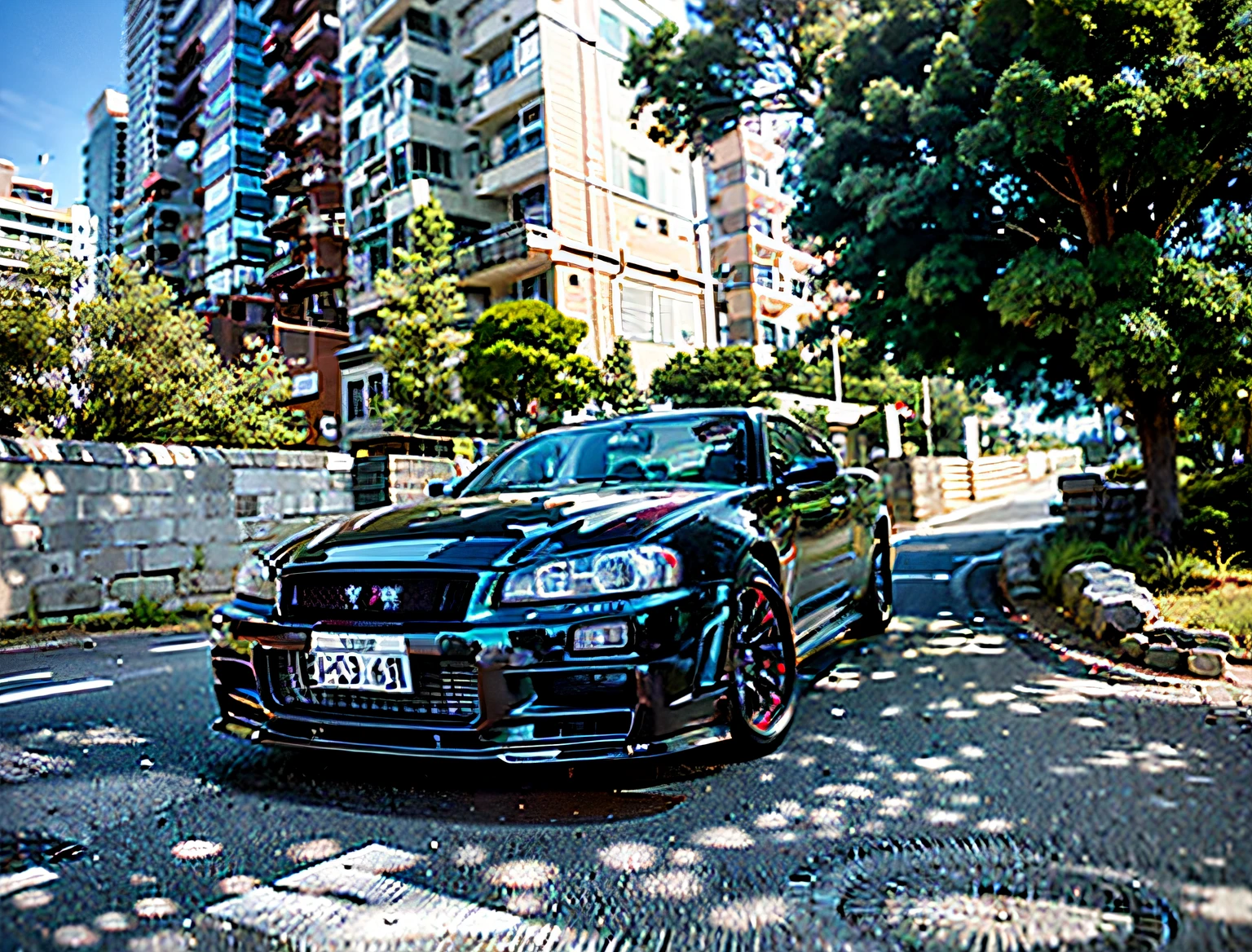 Arapei stopped in front of a building with a large tree，taken with sony alpha 9，480p，480 pages，Shot on the iPhone 14 Pro，Shot on the Canon EOS R6，full view of a car，super wide shot，low ultrawide shot。