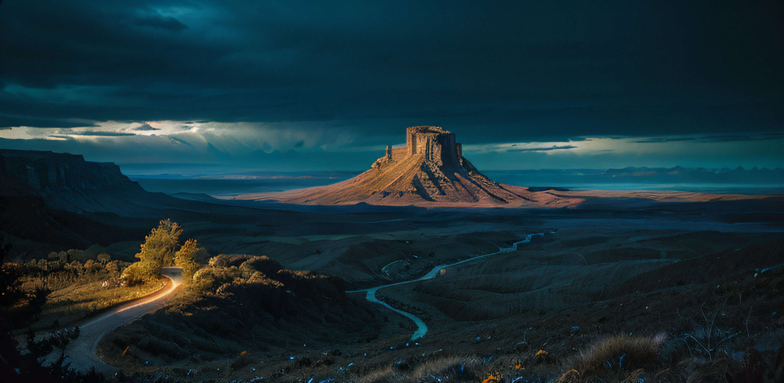 Masterpiece,  (((magical lighting action shot))) (((vast fantasy landscape))),  moody lighting, blue hour, blue colors, very detailed, dramatic lighting, digital art trending on Artstation 8k HD high definition detailed realistic, detailed, texture, hyper detailed, realistic texture, best quality, ultra high res, (photorealistic:1.4), high resolution, detailed, raw photo, sharp re, nikon d850 film stock photograph 4 kodak portra 400 camera f1.6 lens rich colors hyper realistic lifelike texture dramatic lighting unrealengine trending on artstation cinestill 800, (((500px, fstoppers, photosight.ru, iso noise)))