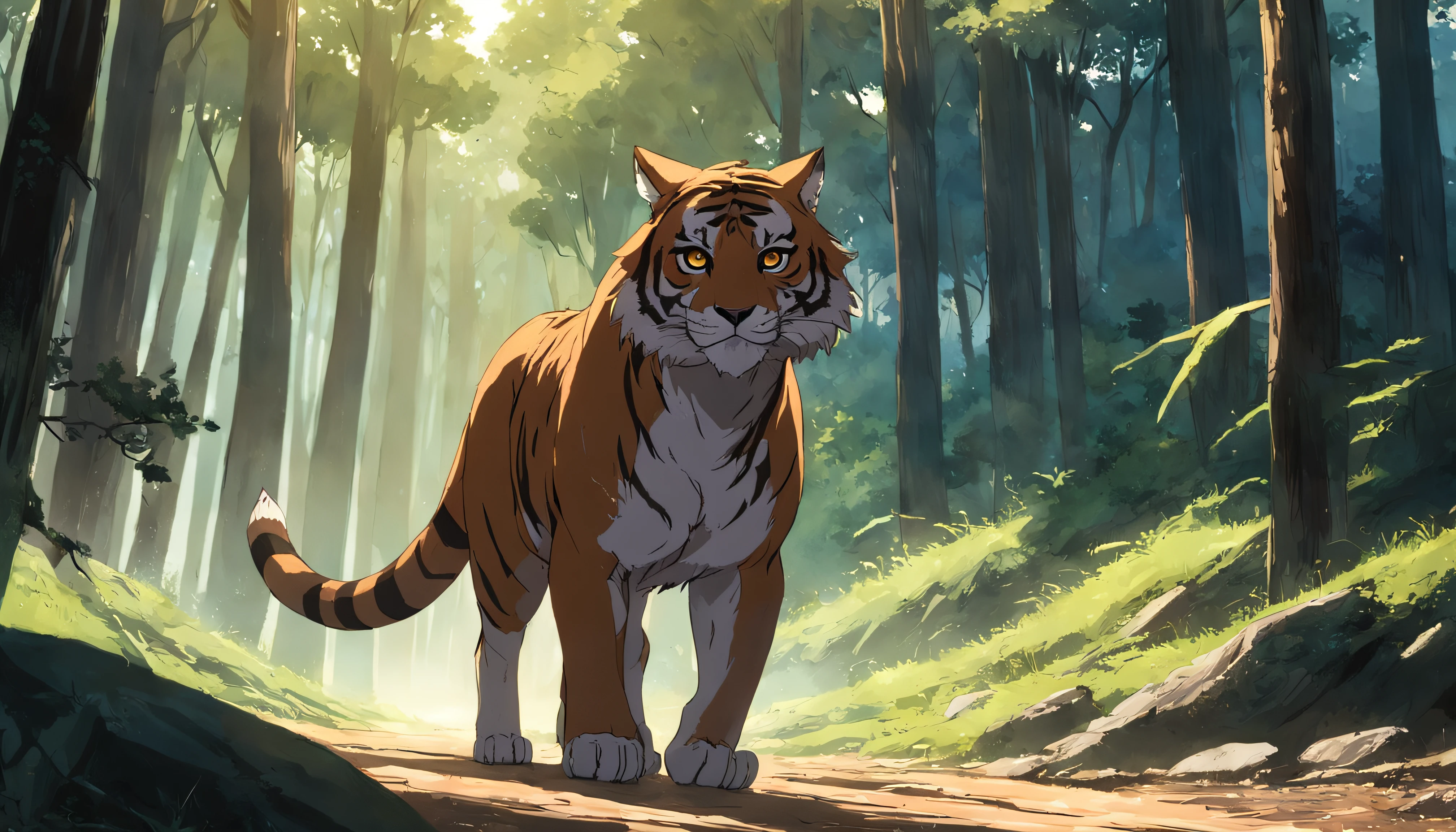 tmasterpiece, mejor calidad, cinematic film still from, Un zorro y un tigre, Plano de primer plano, The fox is ahead,The tiger is behind, Mira hacia el cielo en el bosque