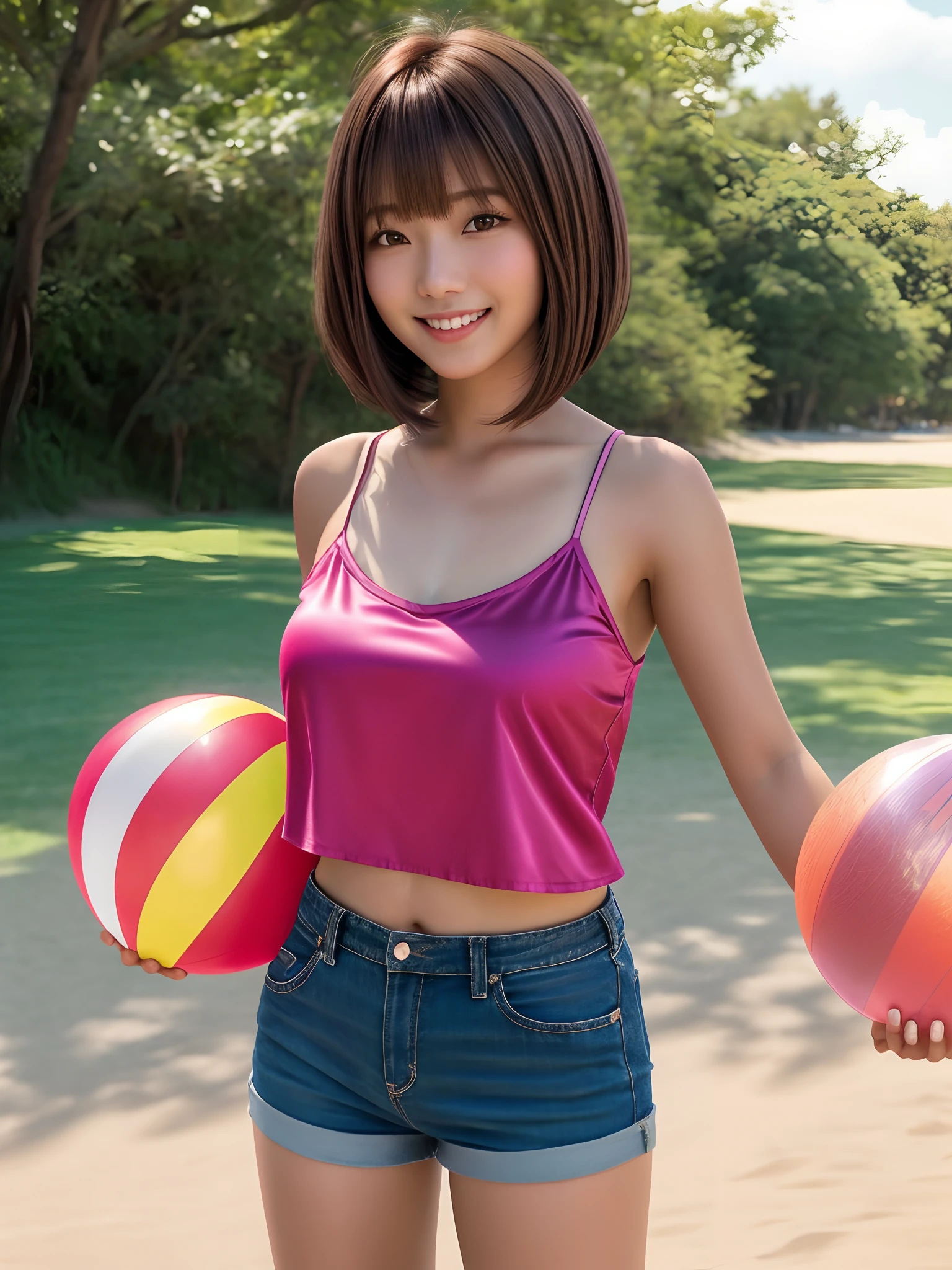 product quality, 1 girl, a cowboy shot, front view, a Japanese young pretty girl, bob hair, glamorous figure, wearing a satin pink camisole, wearing short pants, holding a beach ball in her both arms with a big smile on a grass in a crowded park, hyper cute face, glossy lips, double eyelids for both eyes, natural makeup, shiny smooth light brown bob hair, asymmetrical bangs, tanned skin, central image, high resolution, high detailing, detailed hairstyle, detailed face, cinematic lighting, octane rendering, vibrant, hyper realistic, perfect limbs, perfect anatomy