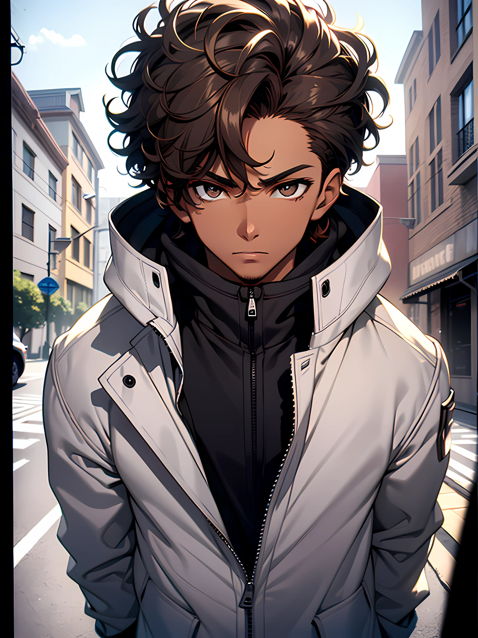1boy, face focus, tanned skinned, beautiful accurate hazel eyes, curly brown shoer hair, black and white jacket, body is well proportioned, his in the neighborhood, looking at viewer, high resolution, ultrasharp, 8k, masterpiece