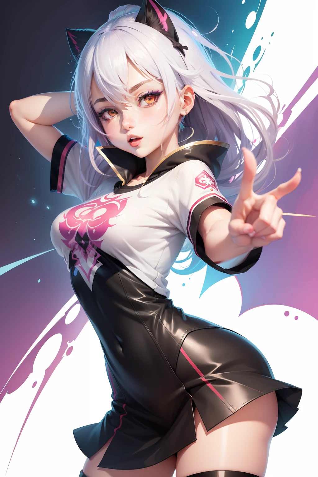 anime style woman saint magic, face expressing pleasure, short clothes, symmetrical body expressions, random coloring, 2D, flat vector, character design, t-shirt design, colorful splashes, vector art, fantasy art, watercolor effect, digital painting, white background, 8K