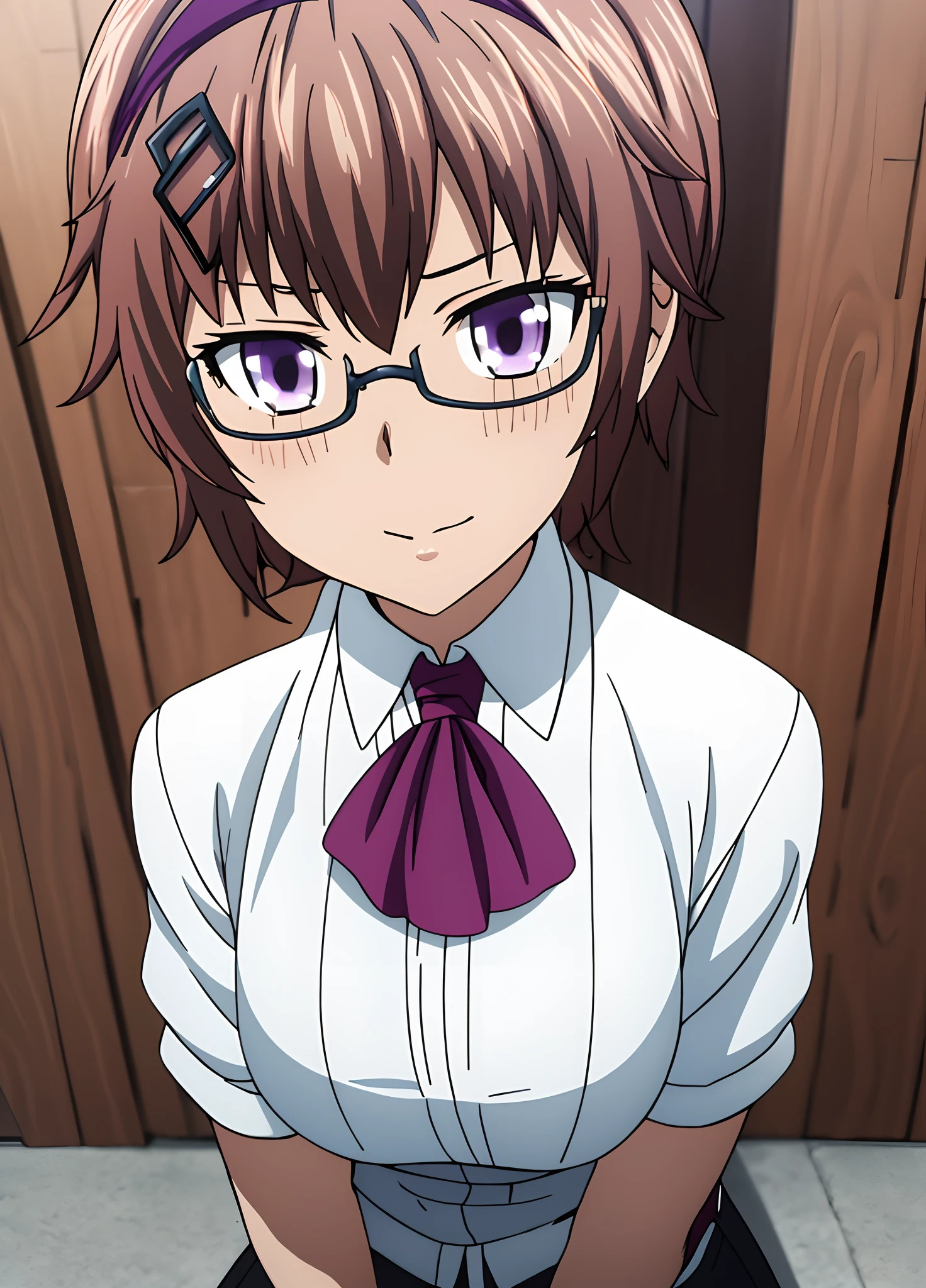 ((masterpiece)), (best quality), (official art, extremely detailed CG unity 8k wallpaper, highly detailed, shiny skin, vivid color), Kazuki, elegant outfit:1, short brown hair, purple eyes:1, hairband with pendant:1, white dress, short tie, small breasts, black corset with suspenders, kneeling, blush, from above, (full body:0.6), (city background:1.2), (((glasses:0.9))), ((tsundere)), tall, beautiful, medium breast, ((round eyewear:0.9)), ((military pants:0.5)), ((polo shirt:0.4)), (((mature female))), ((milf))