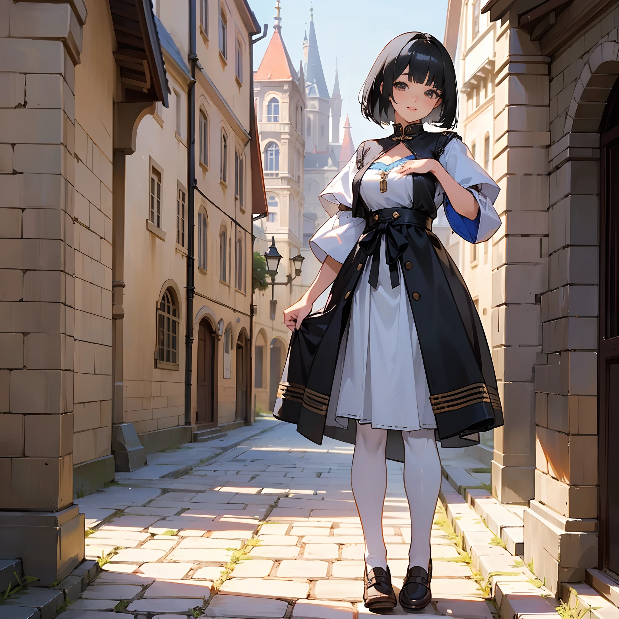 With the best image quality、 girl standing alone outdoors。In high resolution、Beautiful fine details、tranquil atmosphere。((Black Hair Bob Hair))、Cute smile。(((breasts are large)))、I don't have anything in my hands、realistic hand、Medieval European national costume with short sleeves、Medieval European Streets、Leather shoes。
