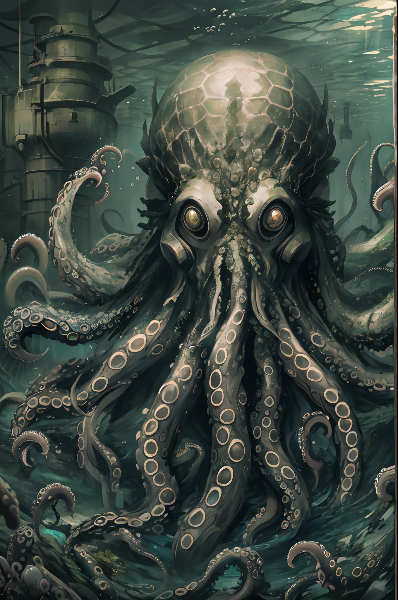 Cthulhu,Monster,(tentaculata:1.35)，A polluted underwater world，Gloomy picture，(Nuclear contamination:1.35)，（face:1.35）,（sarcoma：1.35）