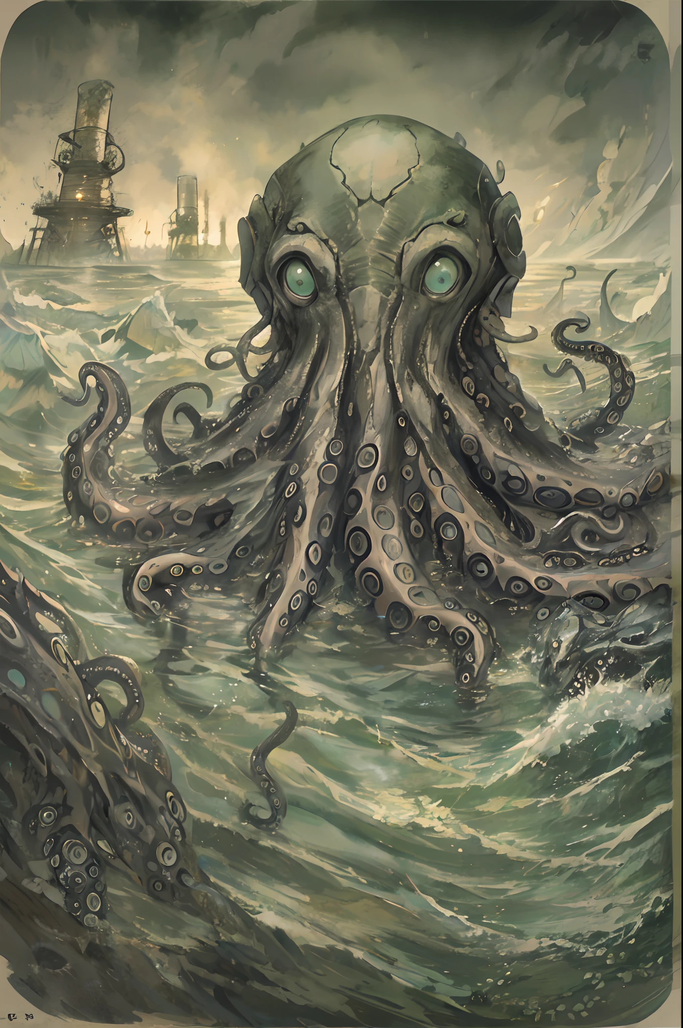 Cthulhu,Monster,(tentaculata:1.35)，A polluted underwater world，Gloomy picture，(Nuclear contamination:1.35)，（face:1.35）,（sarcoma：1.35）