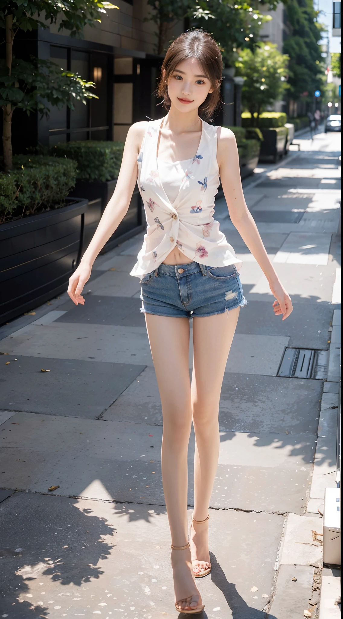 Beautiful girl in abstract pattern vest,Full body photo of shorts,ssmile,rays of sunshine,(Well-defined abs:1.1),(perfect bodies:1.1),Bokeh background,(Extremely refined and beautiful),(tmasterpiece),(best qualtiy:1.0),beautiful light up,Perfect light,realistic shaded,Delicate skin,ultra - detailed