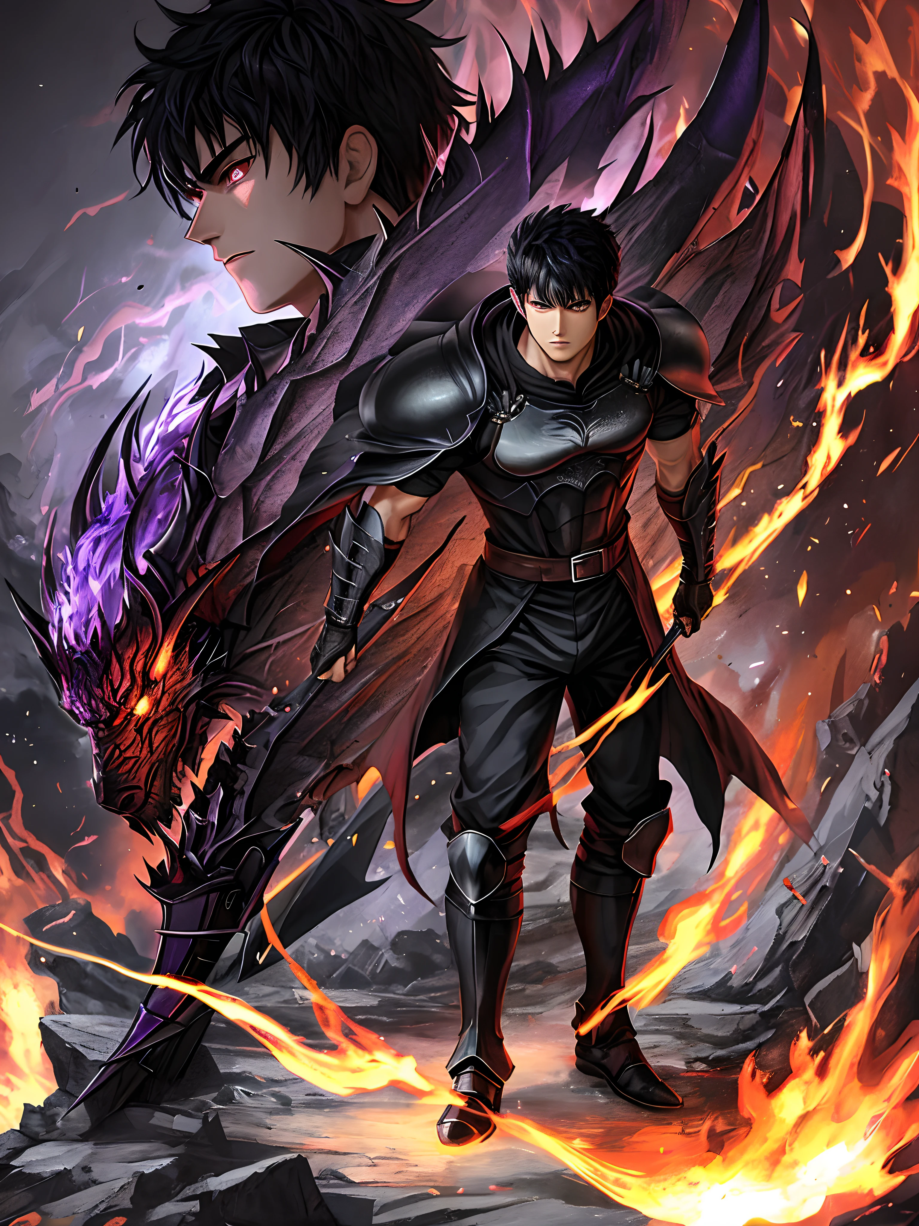 Full body scene of Guts (Berserk) with black hair, 20 years old handsome face, cold eyes, looking at viewer, scar on face, flaming, center, full body wearing black armor inspired by scales dragon reflects hell fire and purple black lightning.