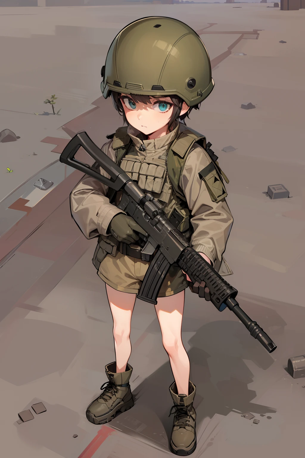 Boy soldier with rifle, (Boy soldier in short shorts), (oversized jacket:1.5), (Tactical Vest:1.5), Lightweight Helmet, Undecorated helmets, lace-up boots, 6-year-old boy, Little boy, Short brown hair, green eyes, slender legs, Skinny, child, bare legs, ((Skinny legs:1.5)), (shota), gleaming skin, from above, Devastated city, (Highest Quality, Amazing Details:1.25), (Solo:1.3), Best Shadows, super detailed skin, perfect anatomy, masterpiece, beautiful detailed eyes,