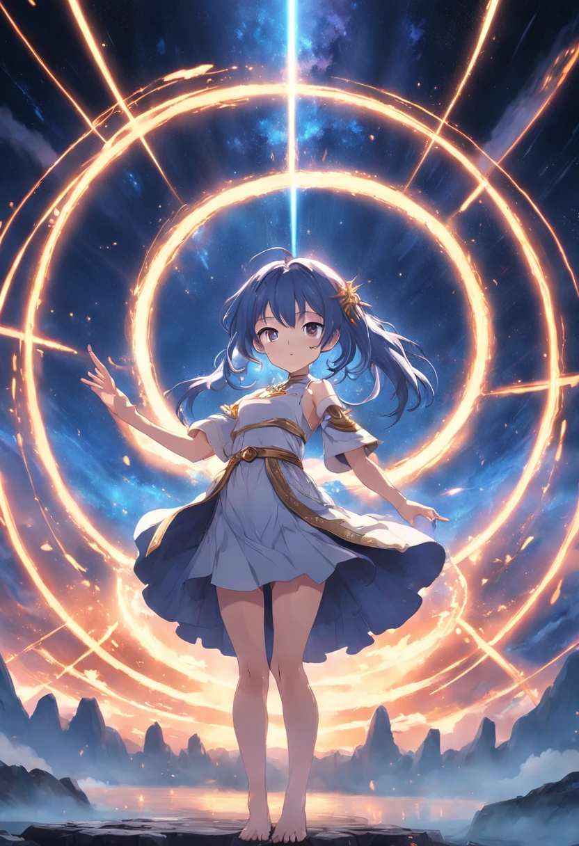 Quadruple stacked magic circle in front of the hand、High-power laser firing from the center of the magic circle、NSFW, (8K, Raw photography, top-quality, ​masterpiece:1.2), (realisitic, Photorealsitic:1.37), ultra-detailliert, 1 rapariga, 独奏, cute little, Beautiful detailed sky,nigh sky