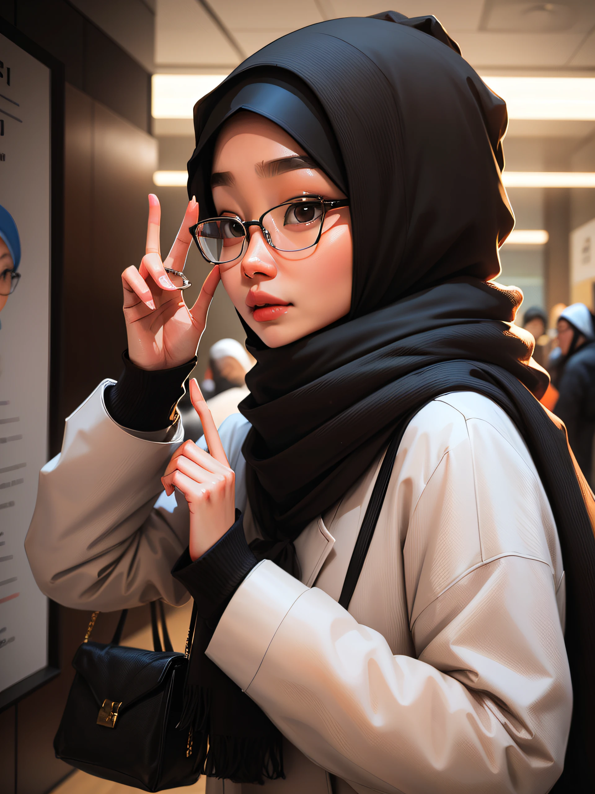 there is a woman with glasses making a peace sign with her hands, in a hijab, inspired by Kim Jeong-hui, korean symmetrical face, wearing thin large round glasses, korean girl, korean woman, with glasses, jaeyeon nam, with square glasses, face is wrapped in a black scarf, hijab, ulzzang, wearing small round glasses, headshot profile picture