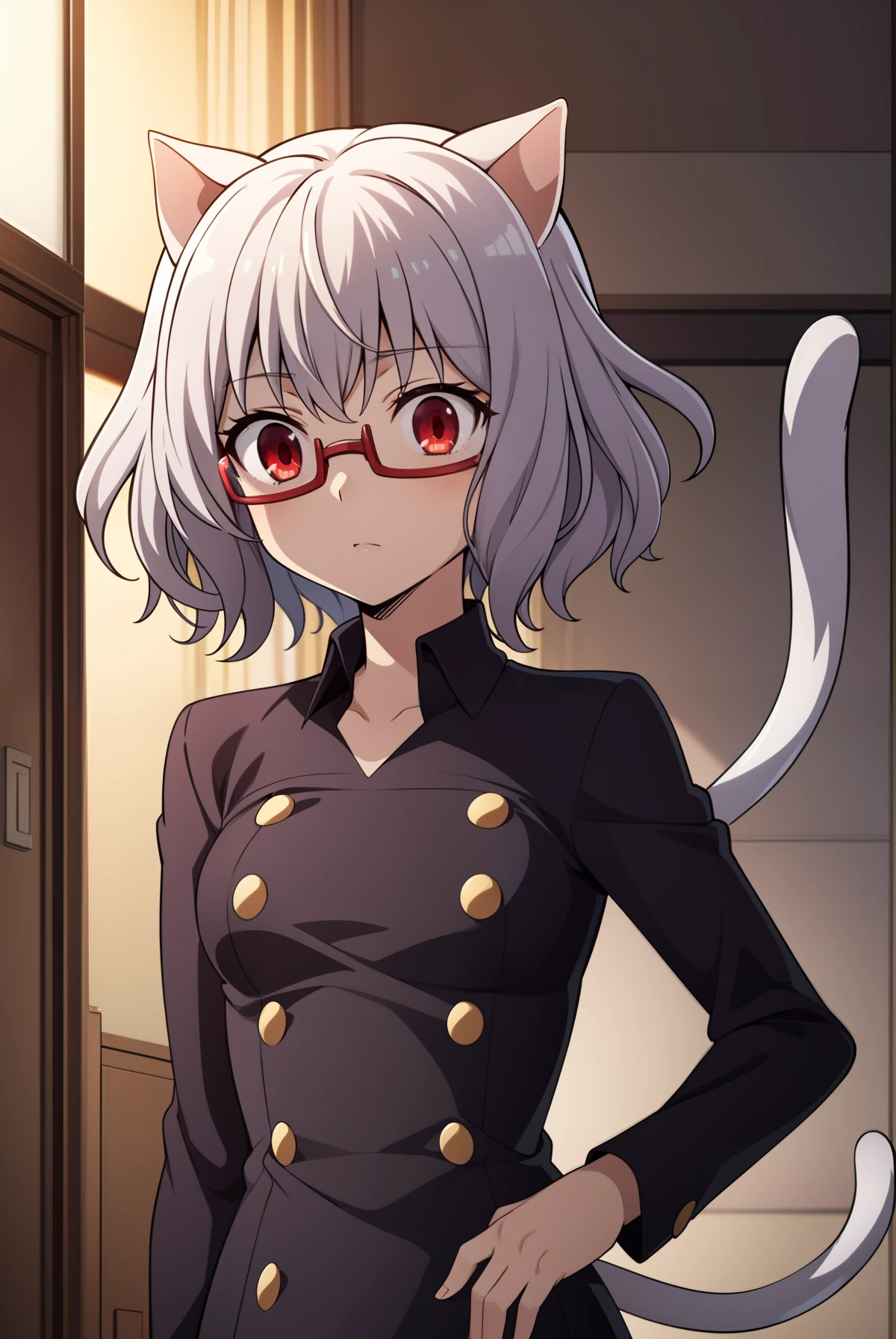 neferpitou, neferpitou, short hair, (red eyes:1.5), long sleeves, animal ears, tail, white hair, shorts, cat ears, cat tail, curly hair, (small breast:1.2), BREAK looking at viewer, BREAK outside, BREAK (masterpiece:1.2), best quality, high resolution, unity 8k wallpaper, (illustration:0.8), (beautiful detailed eyes:1.6), extremely detailed face, perfect lighting, extremely detailed CG, (perfect hands, perfect anatomy), (((glasses:0.9))), ((tsundere)), tall, beautiful, medium breast, ((round eyewear:0.9)), ((military pants:0.5)), ((polo shirt:0.4))