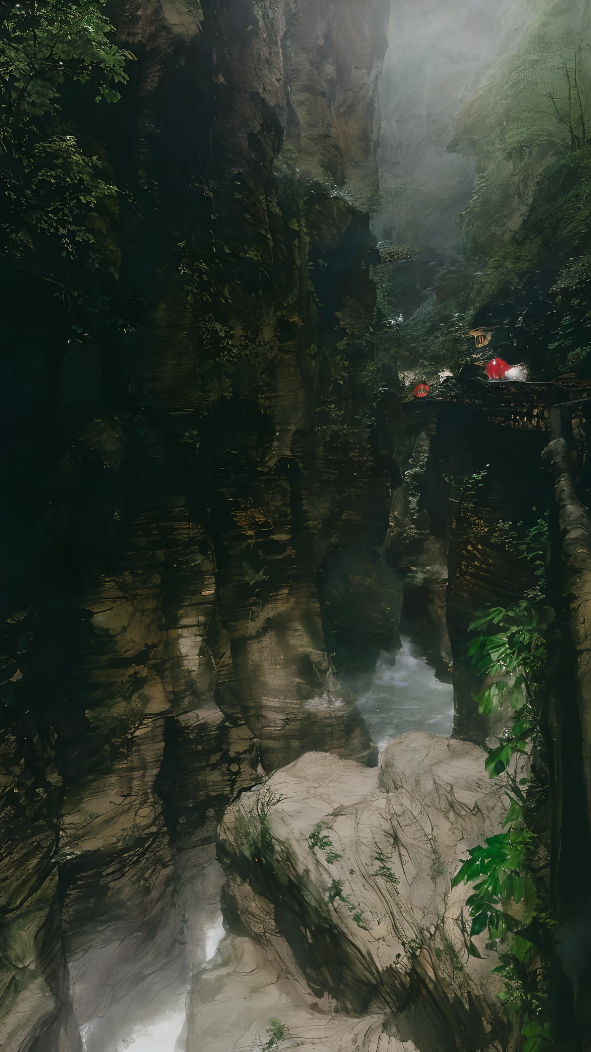 A mysterious canyon in the stream，Girl walking in ancient architecture in the canyon，In a waterfall cave in a mountain canyon，Zhangjiajie National Forest Park surrounded by clouds and mist