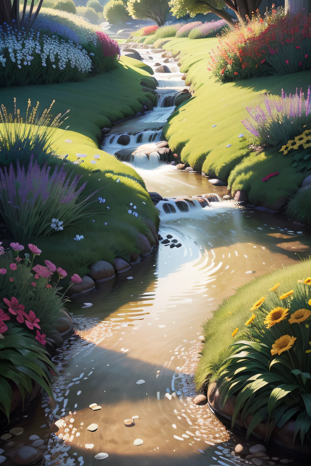 Colorful flowers lawn clear stream