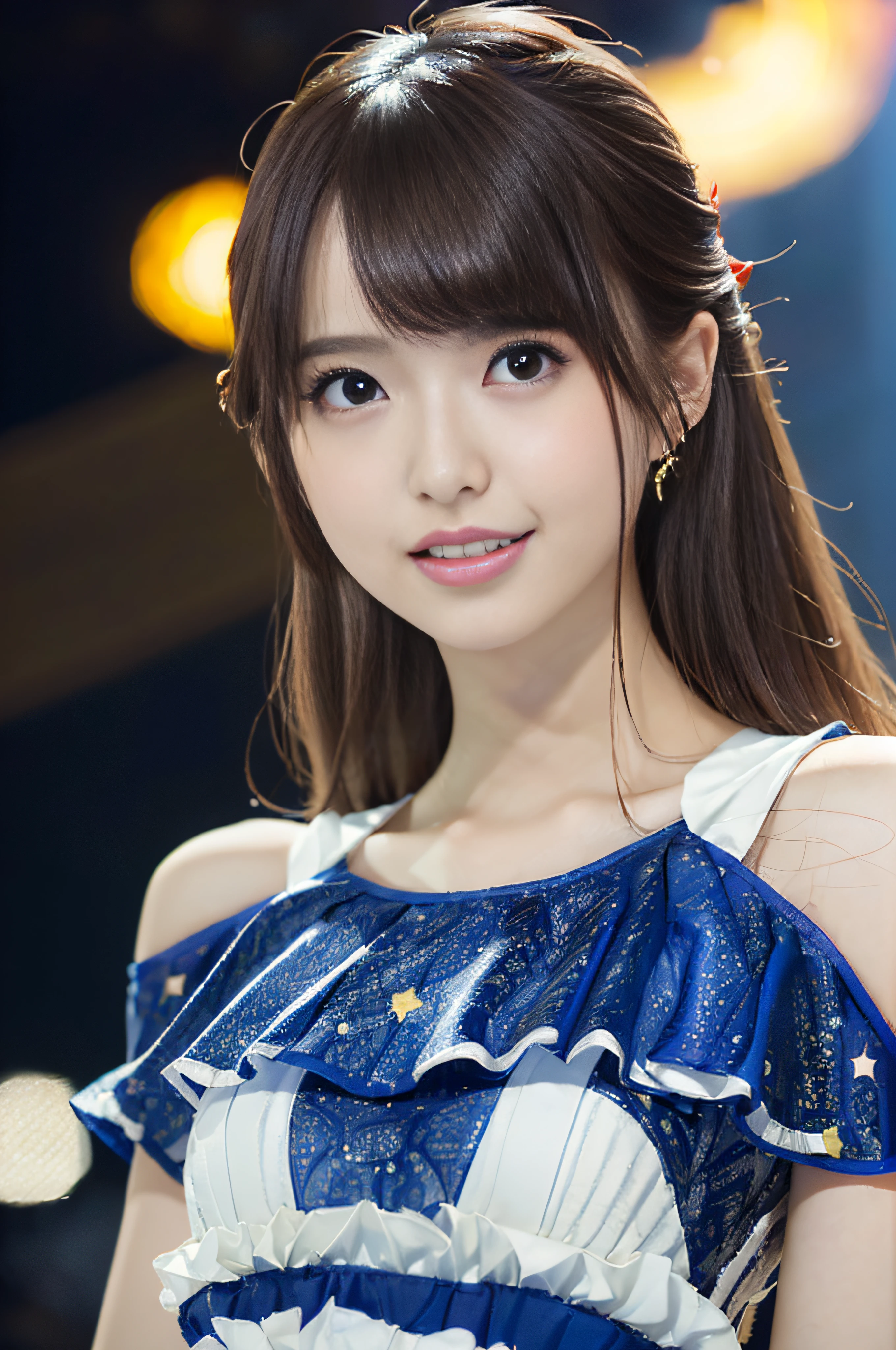 Brown Hair、Blunt bangs、((Big Breasts:1.3))、Heavy eye makeup、Lace fabric、Sexy black and light blue bunny suit、((Rabbit ears headband、A bow tie))、Gorgeous Accessories、Knee-high socks、Poses that accentuate the chest、(White background)、Cute Smile