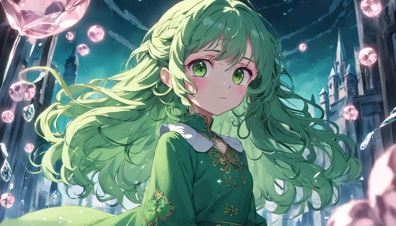 Long green slightly curly hair,pink dress,Big glass-colored eyes,There is a large patch of four-leaf clover around it,There is an ice castle in the back