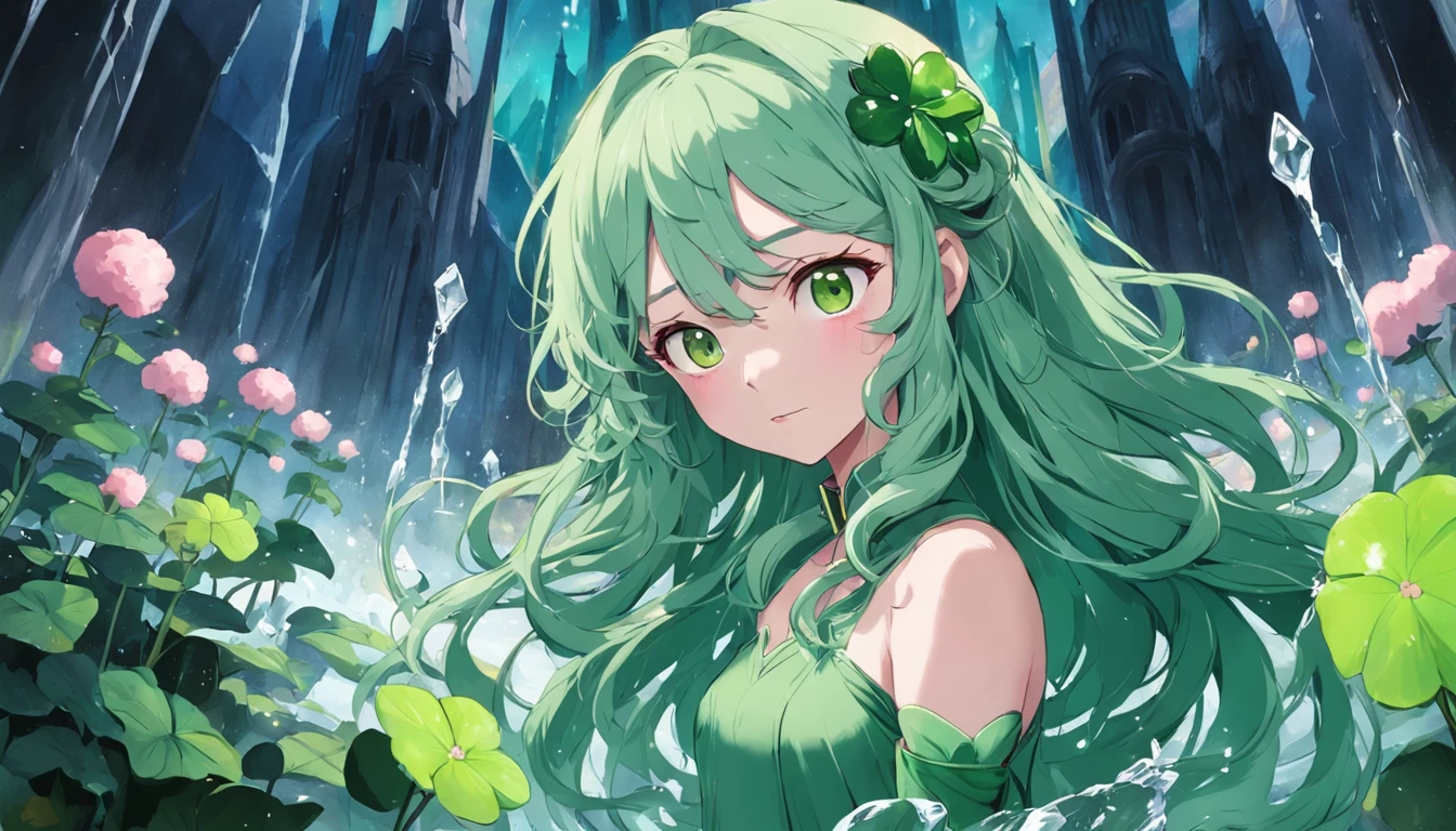 Long green slightly curly hair,pink dress,Big glass-colored eyes,There is a large patch of four-leaf clover around it,There is an ice castle in the back