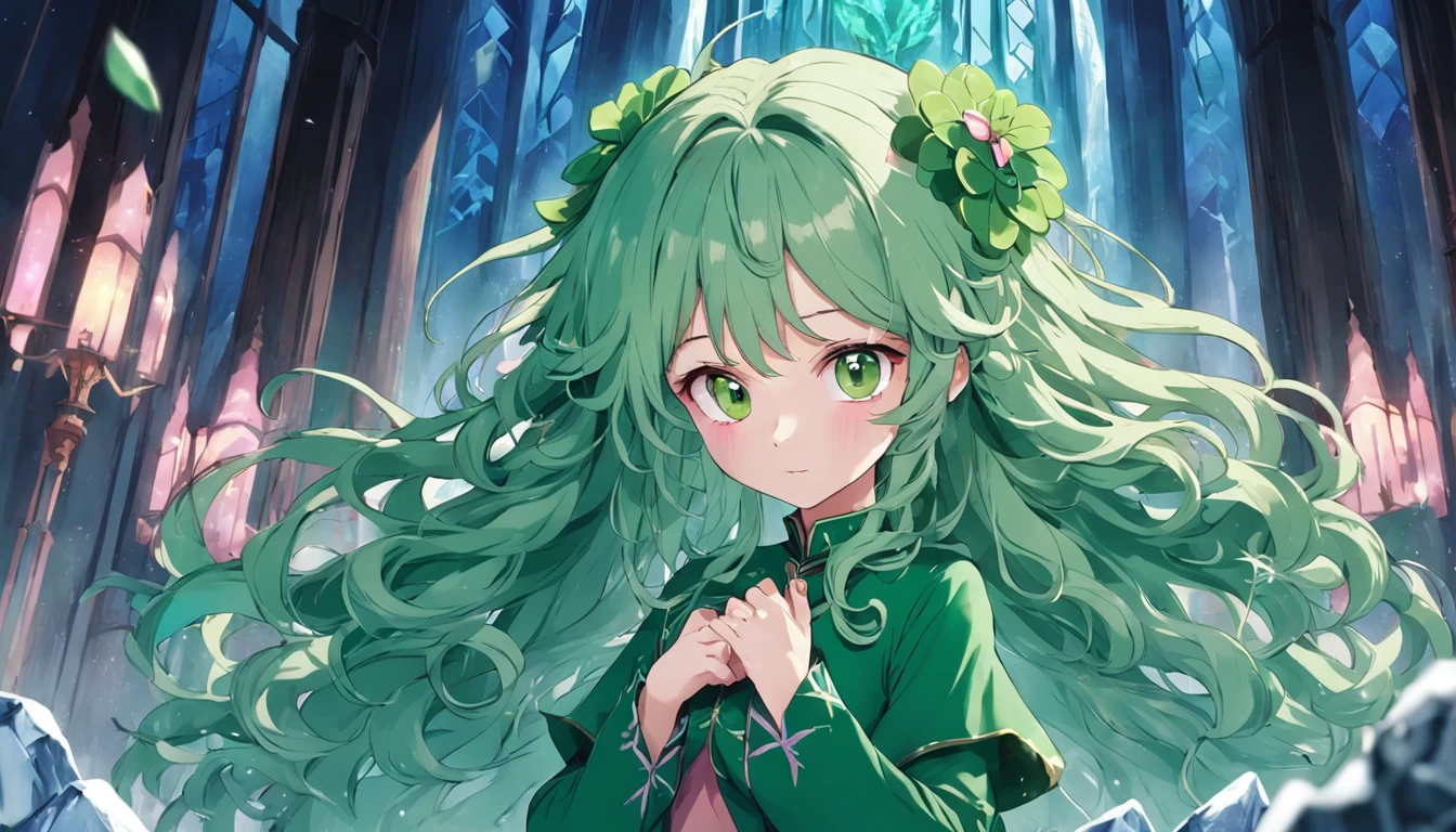 Long green slightly curly hair,pink dress,Big glass-colored eyes,There is a large patch of four-leaf clover around it,There is an ice castle in the back