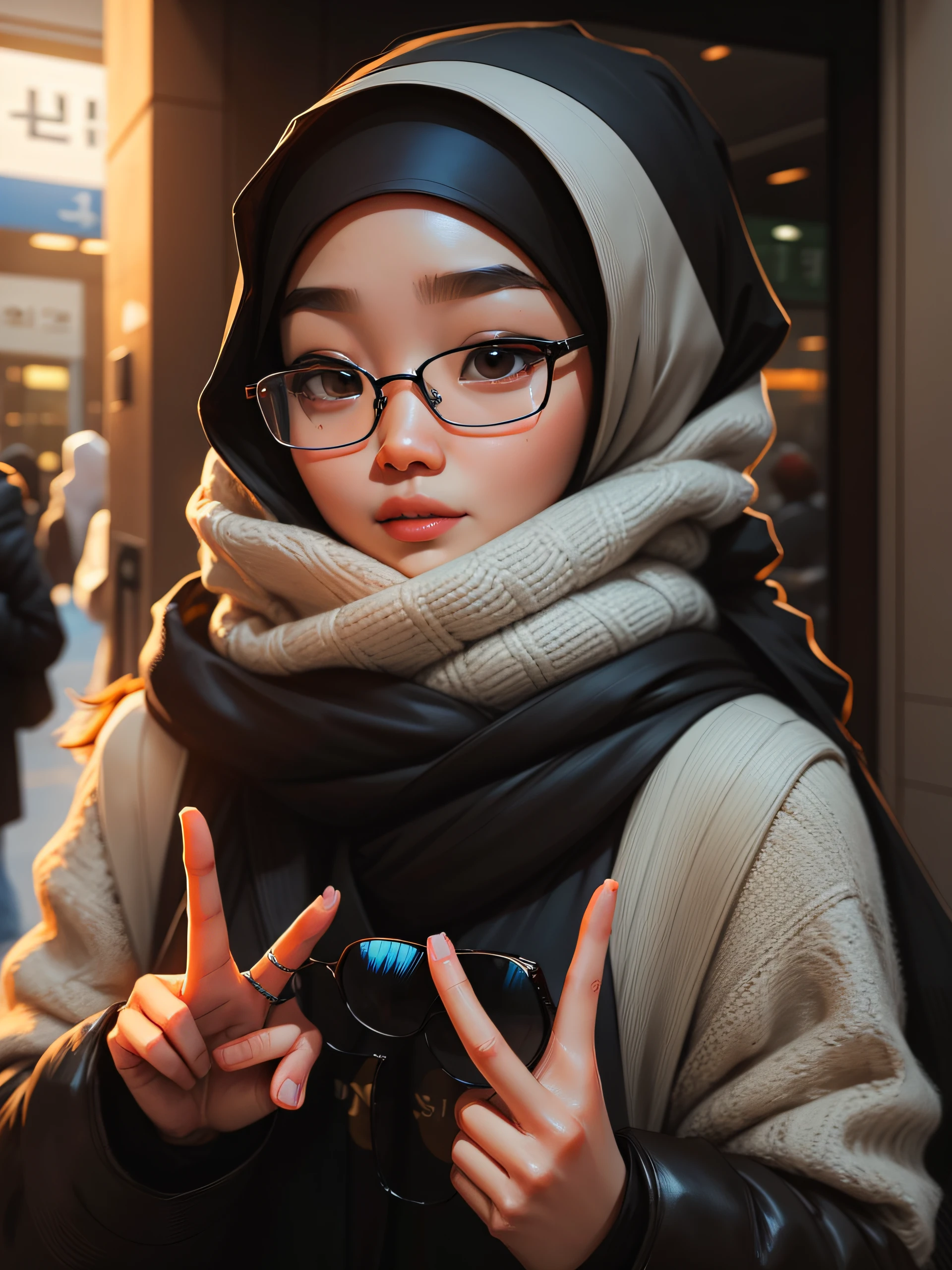 there is a woman with glasses making a peace sign with her hands, in a hijab, inspired by Kim Jeong-hui, korean symmetrical face, wearing thin large round glasses, korean girl, korean woman, with glasses, jaeyeon nam, with square glasses, face is wrapped in a black scarf, hijab, ulzzang, wearing small round glasses, headshot profile picture