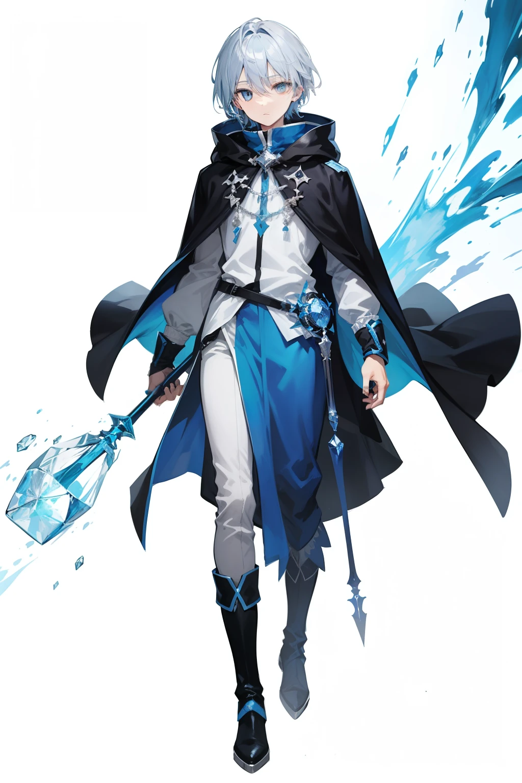 （absurderes，A high resolution，ultra - detailed），1boy，（（Blue color hair color，Silver hair is interspersed between strands）），strong，Elemental ice，Full body standing painting，boots，Cloak，Plain white background