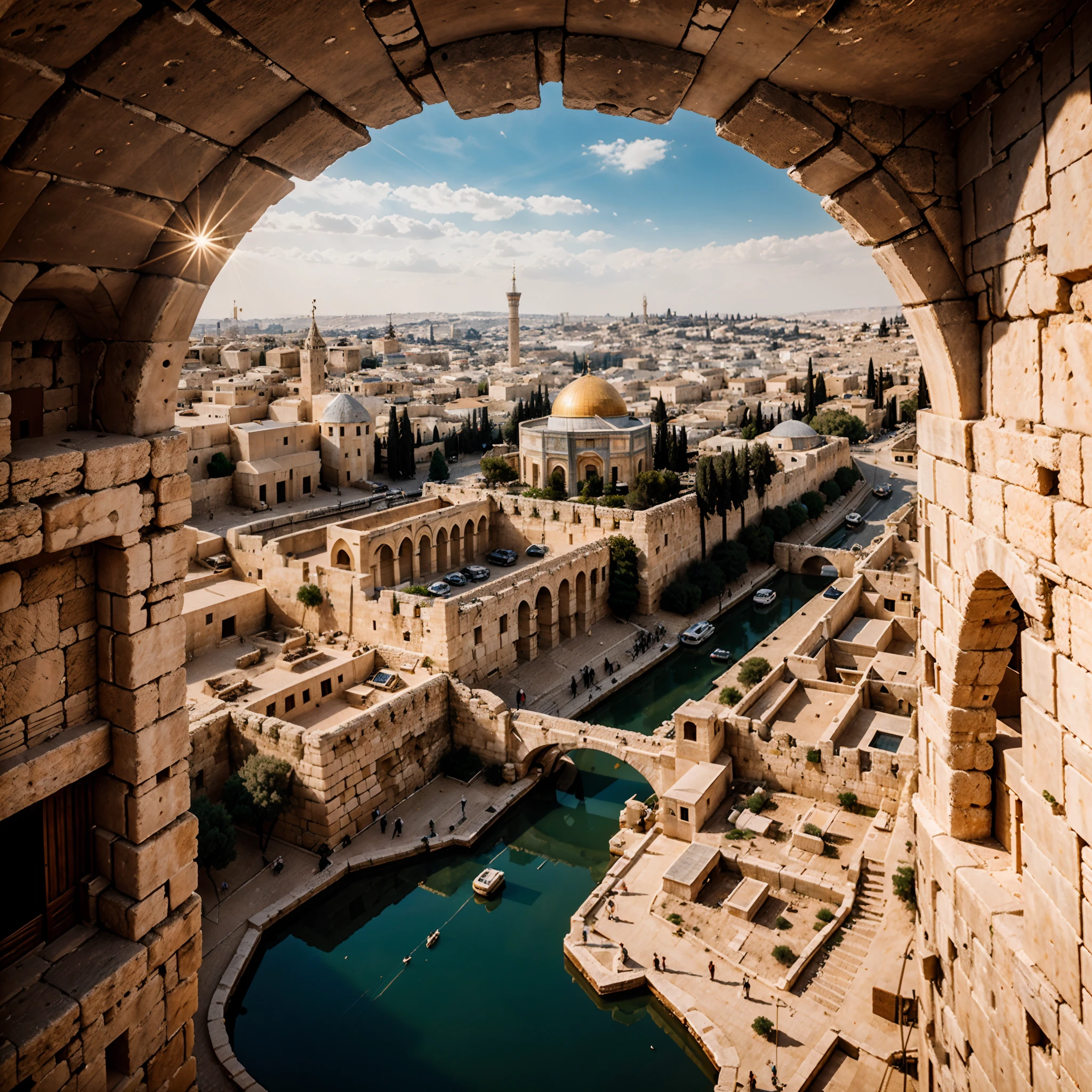 Aerial photogragh of Ancient Jerusalem in the Year 32 A.D., warm atmosphere, Captured by Panavision Panaflex Platinum Camera with Panavision Primo Primes Spherical Lens 25mm T1.9