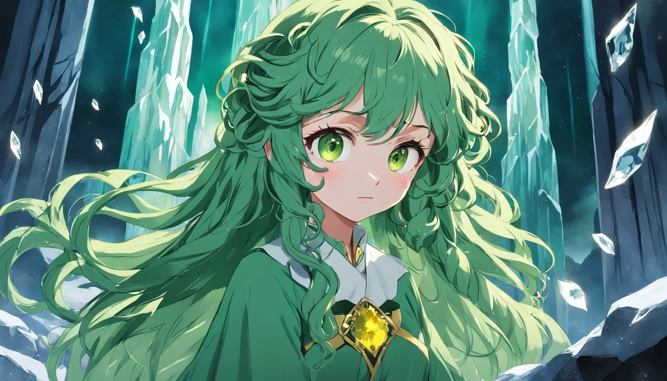 Long green slightly curly hair,yellow dress,Big glass-colored eyes,There is a large patch of four-leaf clover around it,There is an ice castle in the back