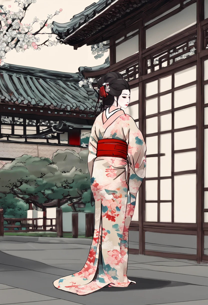 Beautiful woman in Japan in kimono,花魁, Sexy, A sexy, Sexy Woman, 20 years old, slim, in the edo era, Stand in the middle of an antique courtyard, shiny white skin, gigantic cleavage breasts, Narrow waist, Dark hair, A Japanese style, Realistic, Photography, realisitic, natural.
