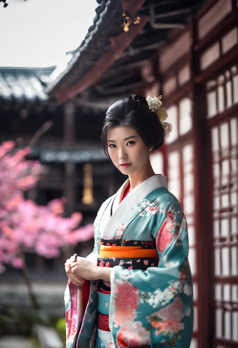 Beautiful woman in Japan in kimono，花魁, Sexy, A sexy, Sexy Woman, 20 years old, slim, in the edo era, Stand in the middle of an antique courtyard, shiny white skin, gigantic cleavage breasts, Narrow waist, Dark hair, A Japanese style, Realistic, Photography, realisitic, natural.