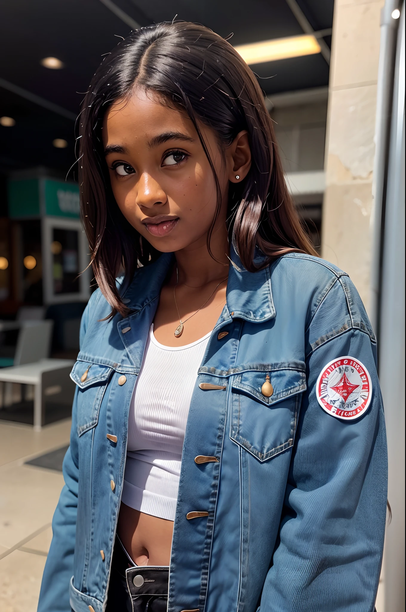 RAW image, portrait shot of a black girl with a denim jacket on and a white top on, posing for a picture, intricately detailed skin. Captured in stunning 8k UHD resolution with a professional DSLR, illuminated by soft, flattering lighting. The image boasts exceptional quality, enhanced by a touch of film grain reminiscent of Fujifilm XT3 aesthetics