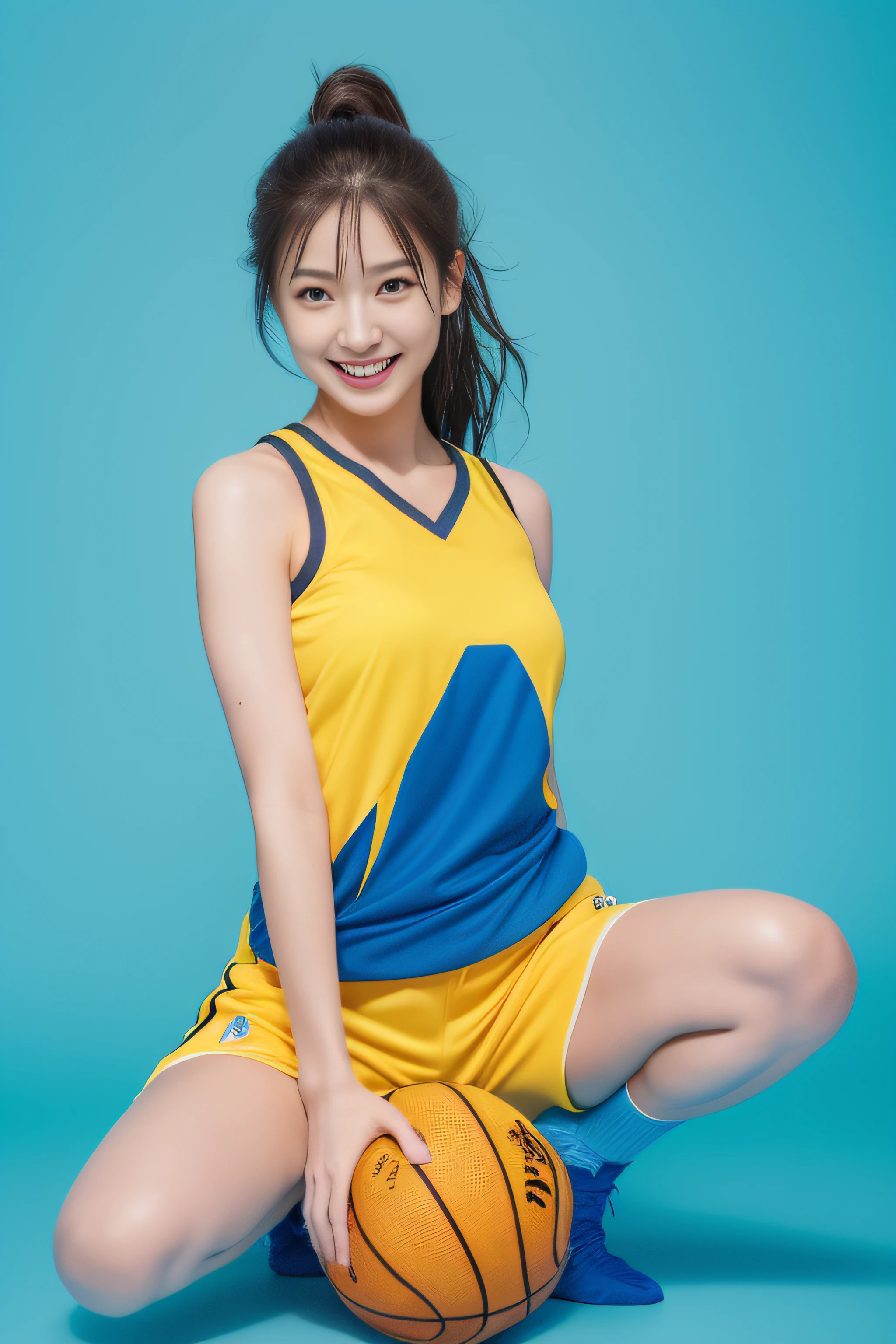 (Best Quality, 8k, 32k, Masterpiece, UHD:1.2), (1 slender woman of Japan, 28 years old, tall gravure model), Dark Brown Hair, Bright in the foreground, Professional Lighting, Photon Mapping, Radiosity, shading:1.3, (High Definition Skin:1.2), huge breasts:1.5, (shorts, Exposed Shoulder:1.1), squatting with legs open, ((provocative dynamic pose)), (she is wet), Top-Down View:1.5, (Yellow basketball uniform:1.4), Ultra Detailed Face, Detailed Lips, Detailed Eyes, Double Eyelids, looking camera, (sensual gaze to the photographer, lips slightly open), BREAK (blue background:1.5, Gradation:1.3), High quality, 4K, Happy smile,