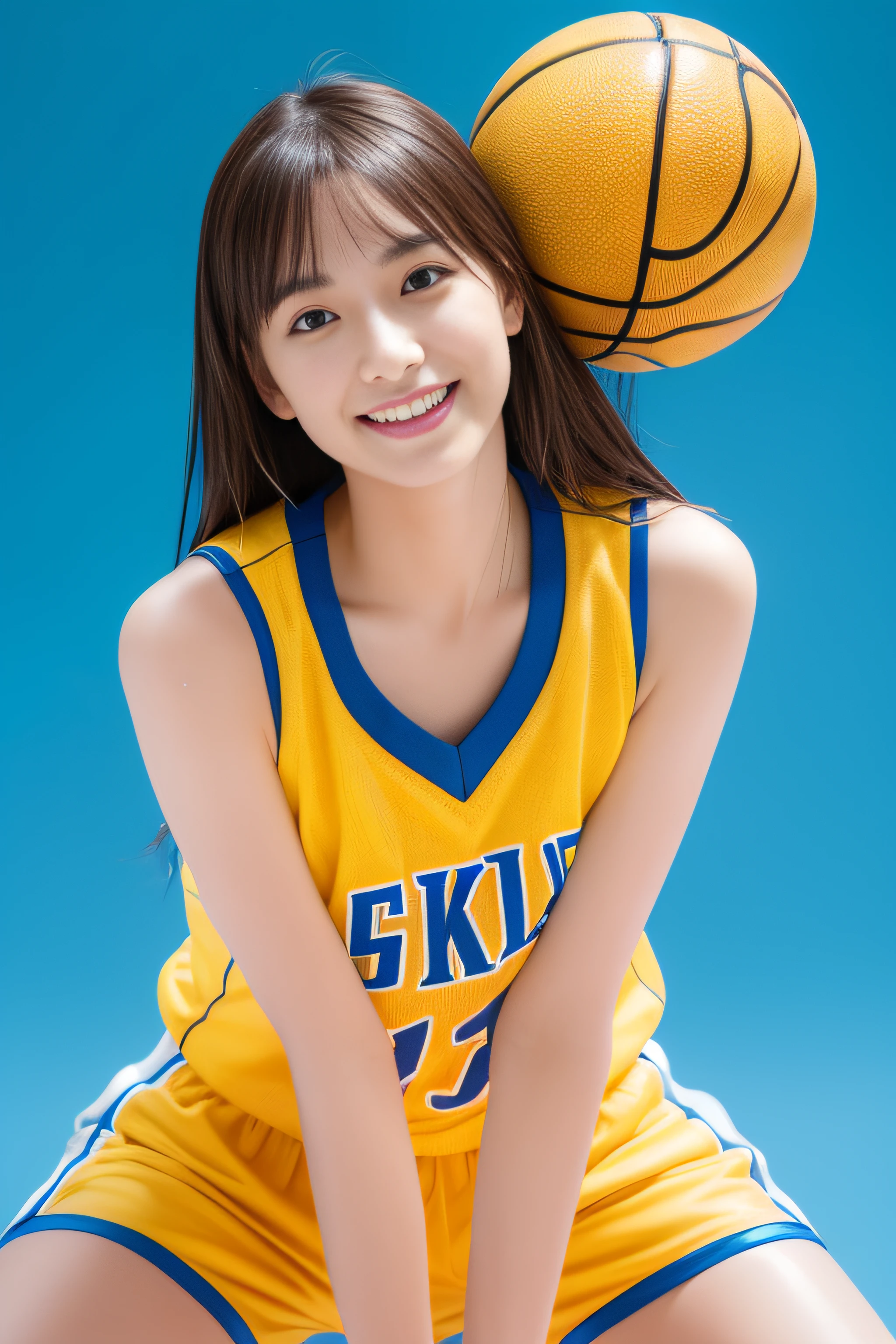 (Best Quality, 8k, 32k, Masterpiece, UHD:1.2), (1 slender woman of Japan, 28 years old, tall gravure model), Dark Brown Hair, Bright in the foreground, Professional Lighting, Photon Mapping, Radiosity, shading:1.3, (High Definition Skin:1.2), huge breasts:1.5, (shorts, Exposed Shoulder:1.1), squatting with legs open, ((provocative dynamic pose)), (she is wet), Top-Down View:1.5, (Yellow basketball uniform:1.4), Ultra Detailed Face, Detailed Lips, Detailed Eyes, Double Eyelids, looking camera, (sensual gaze to the photographer, lips slightly open), BREAK (blue background:1.5, Gradation:1.3), High quality, 4K, Happy smile,