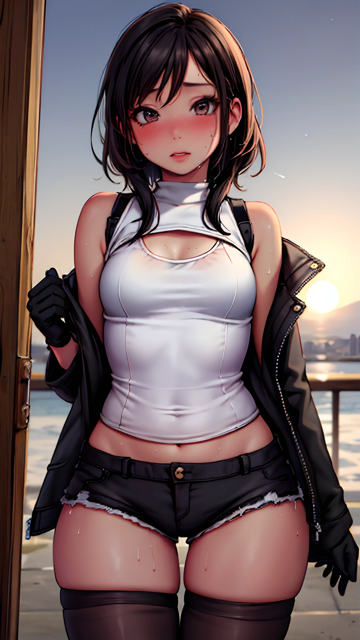 (Masterpiece,Best quality, Detailed), Sun in the background, view the viewer, 1girll, Solo, full bodyesbian, standing, Cowboy shot, Blush, nose blush, Black jacket, Bare shoulders, Black gloves, white
Camisole vest, black thigh highs, view the viewer, Shorts, Medium breasts, Sweat