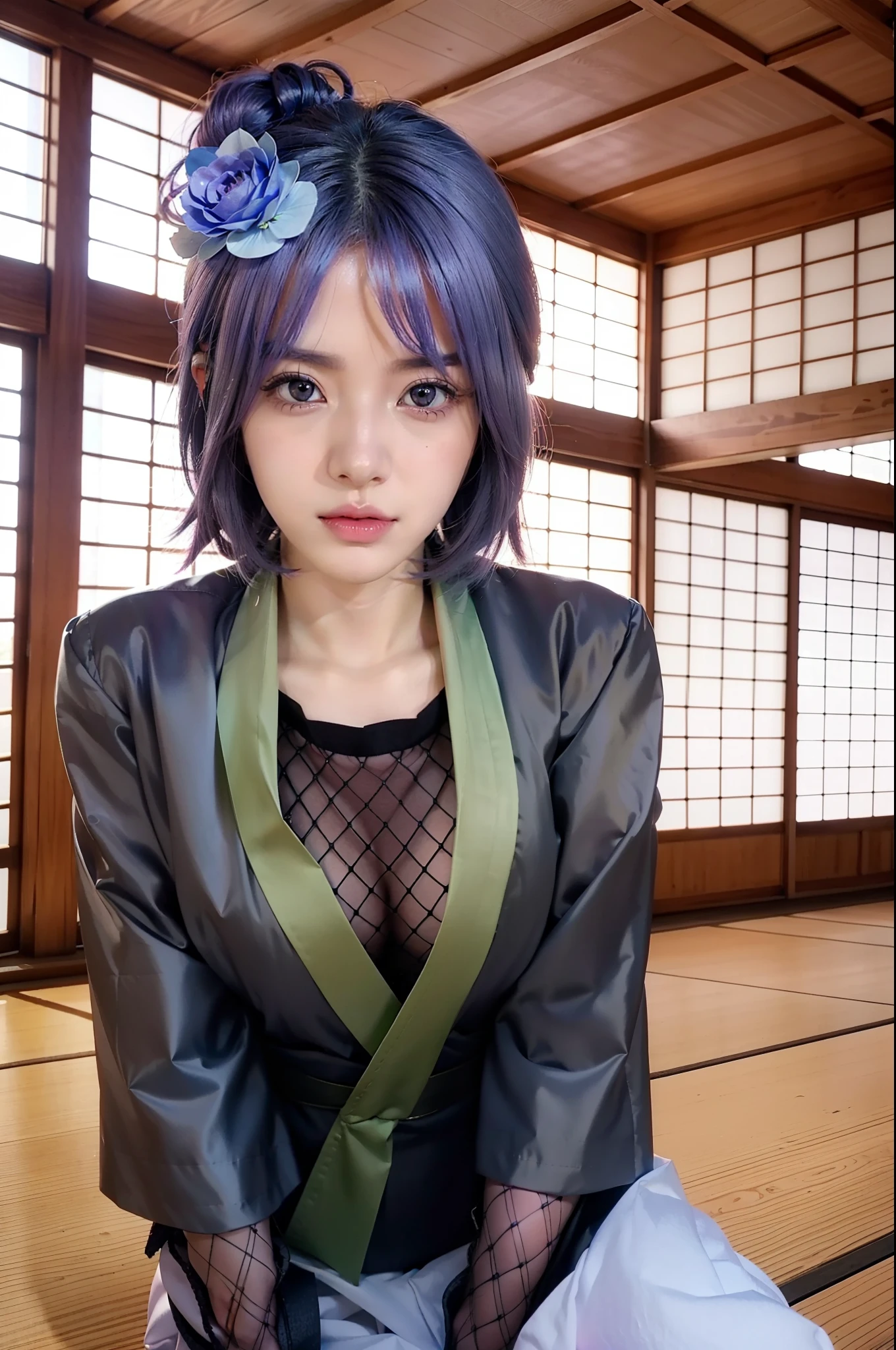 real Life adaption of this character,her name is konan from anime boruto ,hyper realistic ,detailed light lavender color hair, big Lavender rose origami flower on her head , high resolution, photorealistic,very detailed,realistic outfit sexy kimono,Japanese beautiful ,detailed shining orange eyes,(photorealistic:1.2)