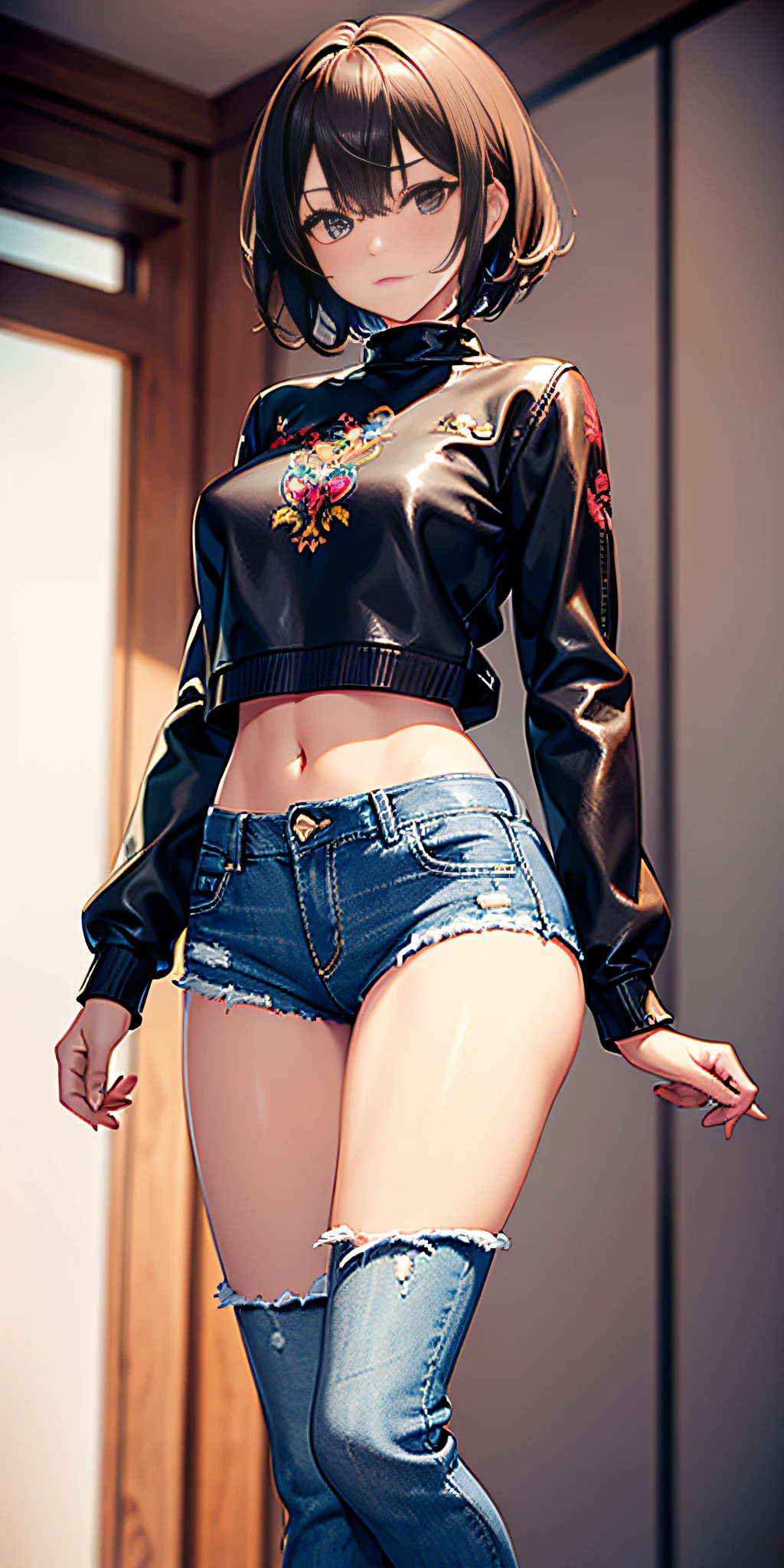masterpiece, high quality, only 1 girl, mid chest, short hair, (hair between eyes), batwing, disappointed face, (embroidered sweater, cropped flare jeans, leather jacket)