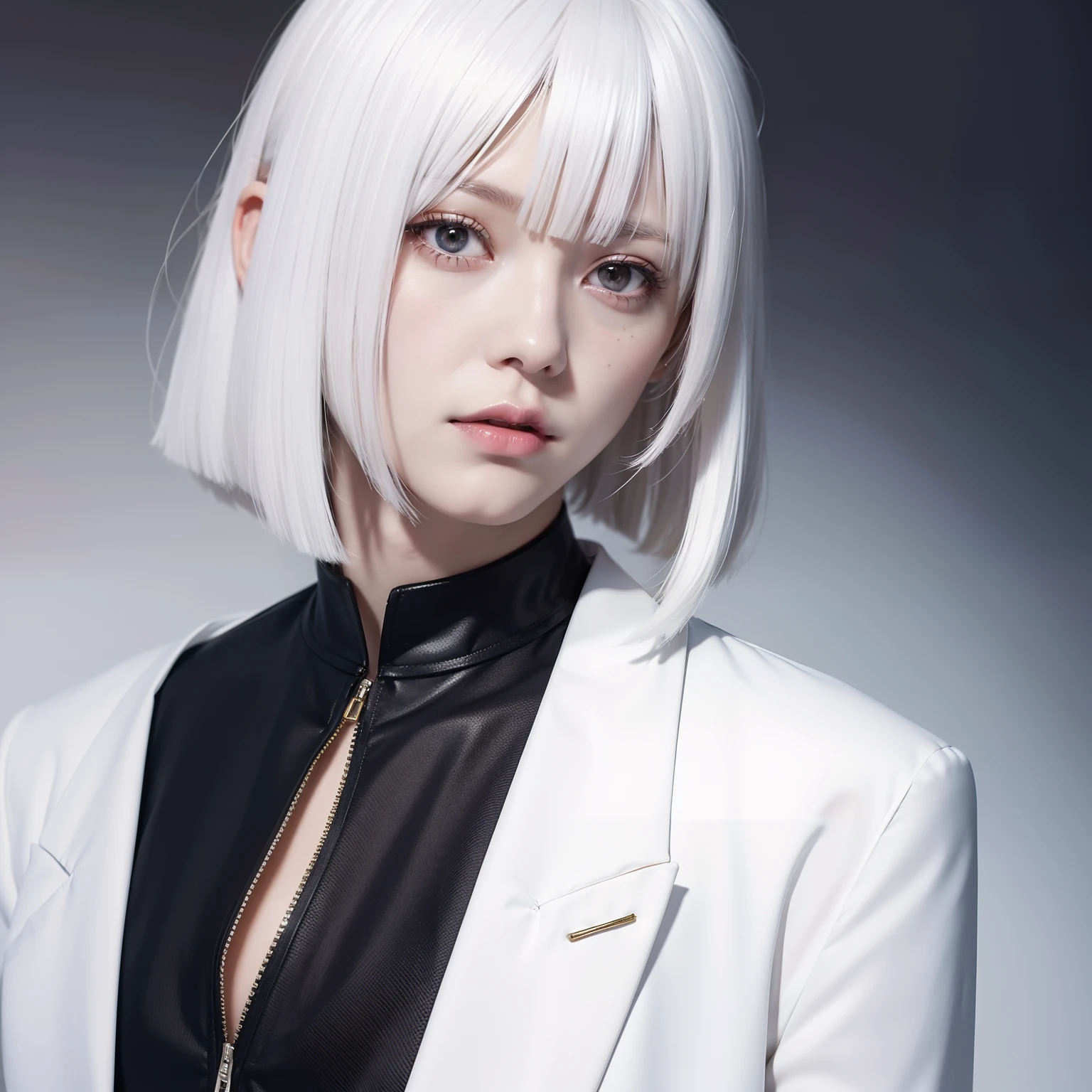 Bishonen Albino White Hair Semi Long Bob Cut Bust Up