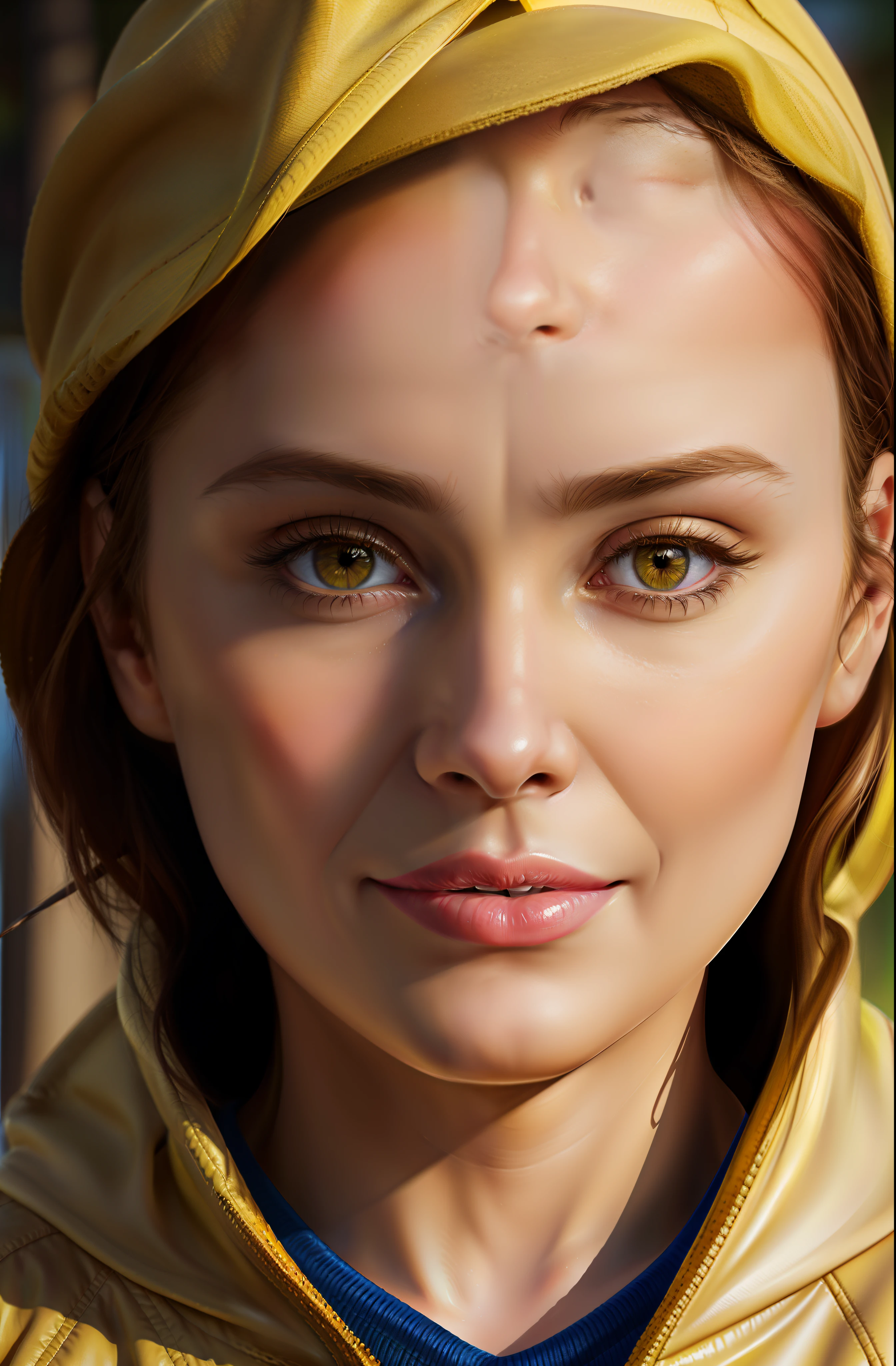 There is a woman in a yellow hat and a yellow jacket, realistic digital painting, realistic digital illustration, realistic art style, ultra realistic digital painting, realistic digital art 4k, realistic digital art 4 k, detailed realistic faces, Detailed digital painting, realistic cute girl painting, photorealistic digital painting, stunning digital illustration, beautiful realistic face, Gorgeous Digital Painting
