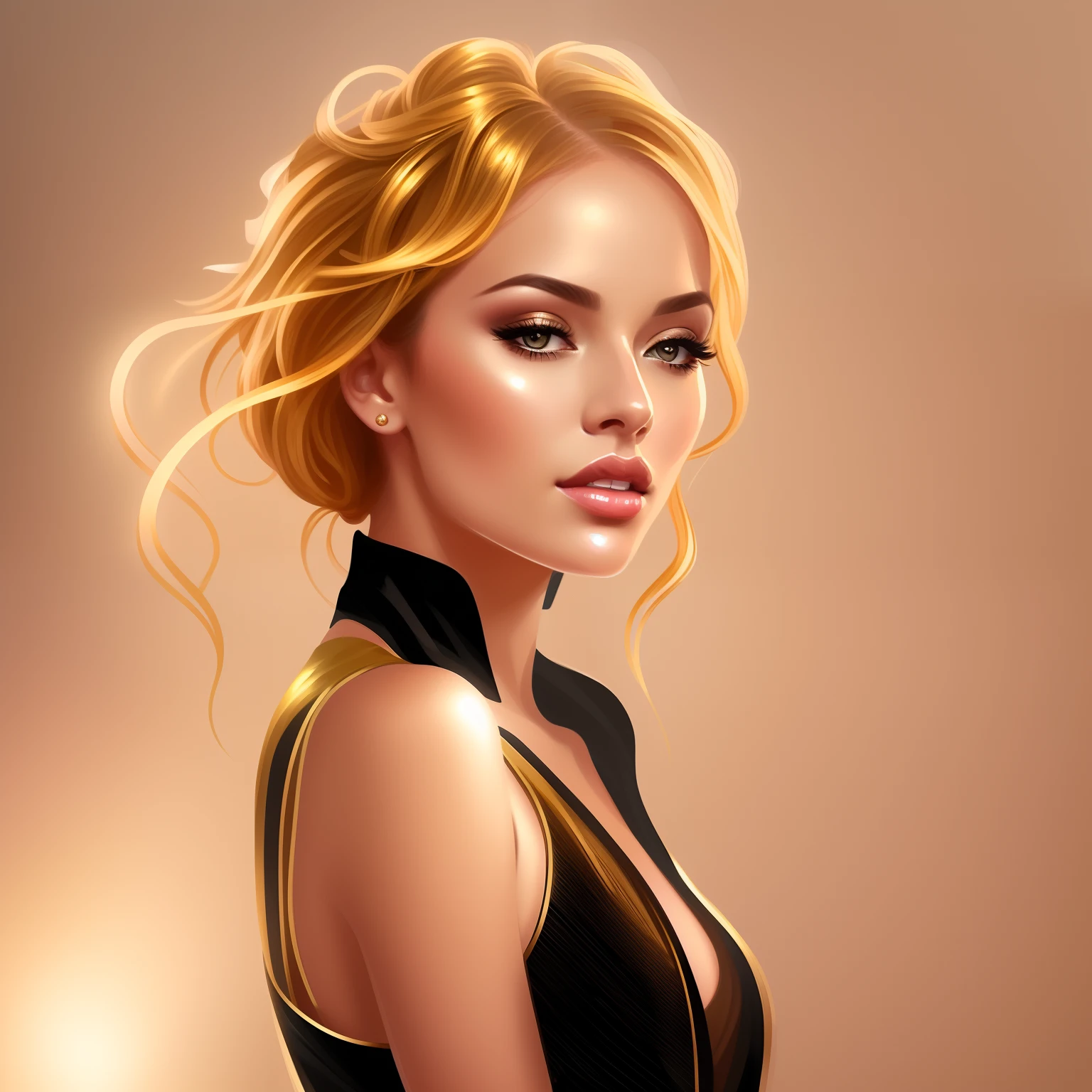 a close up of a woman with a gold dress and a black top, stunning digital illustration, gorgeous digital painting, glossy digital painting, digital art of an elegant, stunning digital painting, in style of digital illustration, elegant digital painting, style digital painting, in style of digital painting, beautiful digital illustration, sultry digital painting, beautiful digital painting, gorgeous digital art