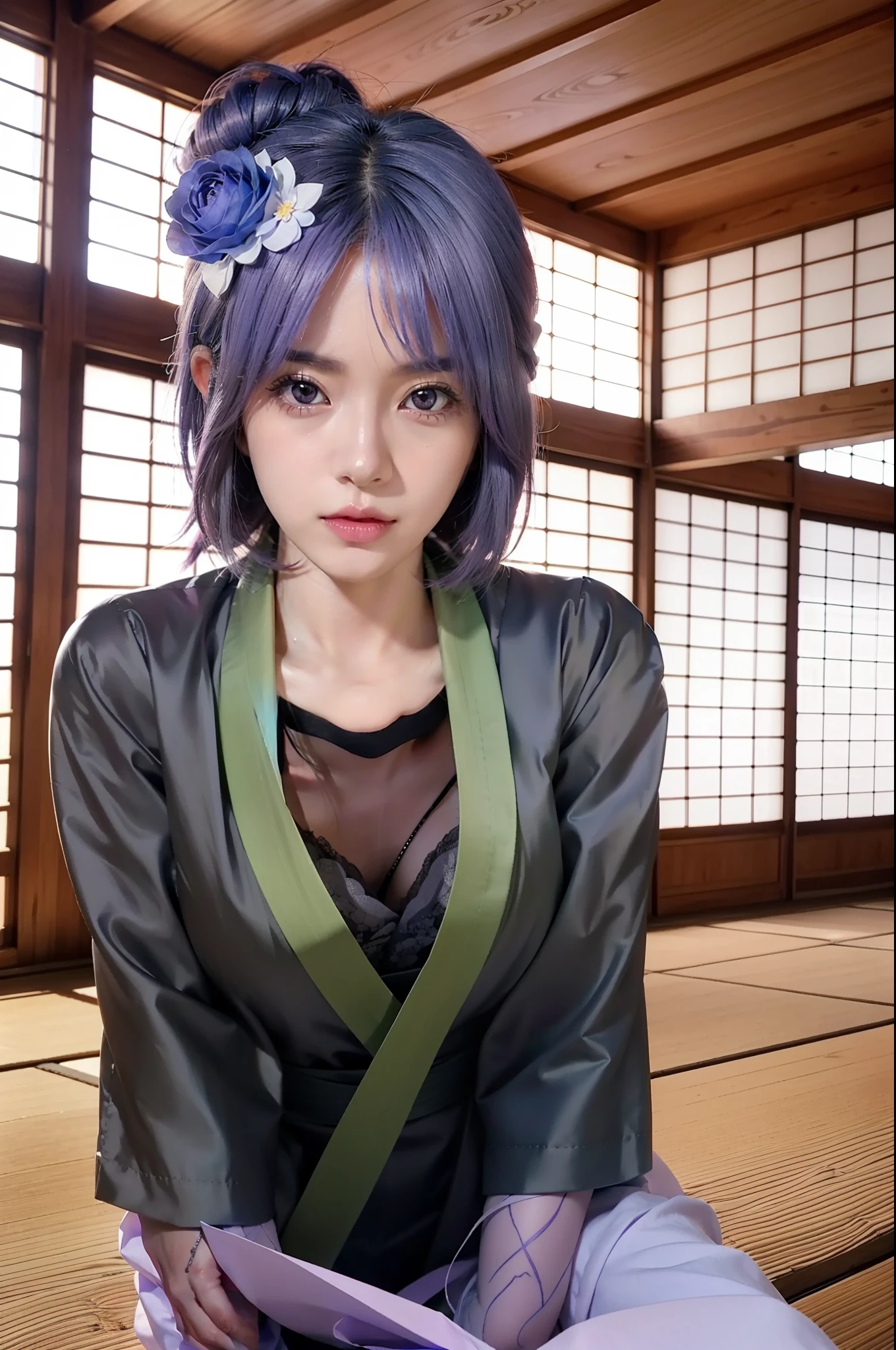 real Life adaption of this character,her name is konan from anime boruto ,hyper realistic ,detailed short lavender hair with origami flower , high resolution, photorealistic,very detailed,realistic outfit sexy kimono,Japanese teen beautiful ,detailed shining orange eyes,(photorealistic:1.2)