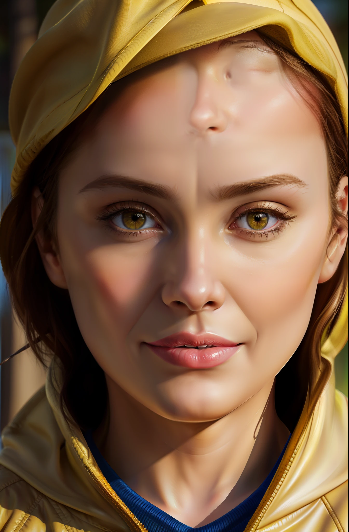 There is a woman in a yellow hat and a yellow jacket, realistic digital painting, realistic digital illustration, realistic art style, ultra realistic digital painting, realistic digital art 4k, realistic digital art 4 k, detailed realistic faces, Detailed digital painting, realistic cute girl painting, photorealistic digital painting, stunning digital illustration, beautiful realistic face, Gorgeous Digital Painting