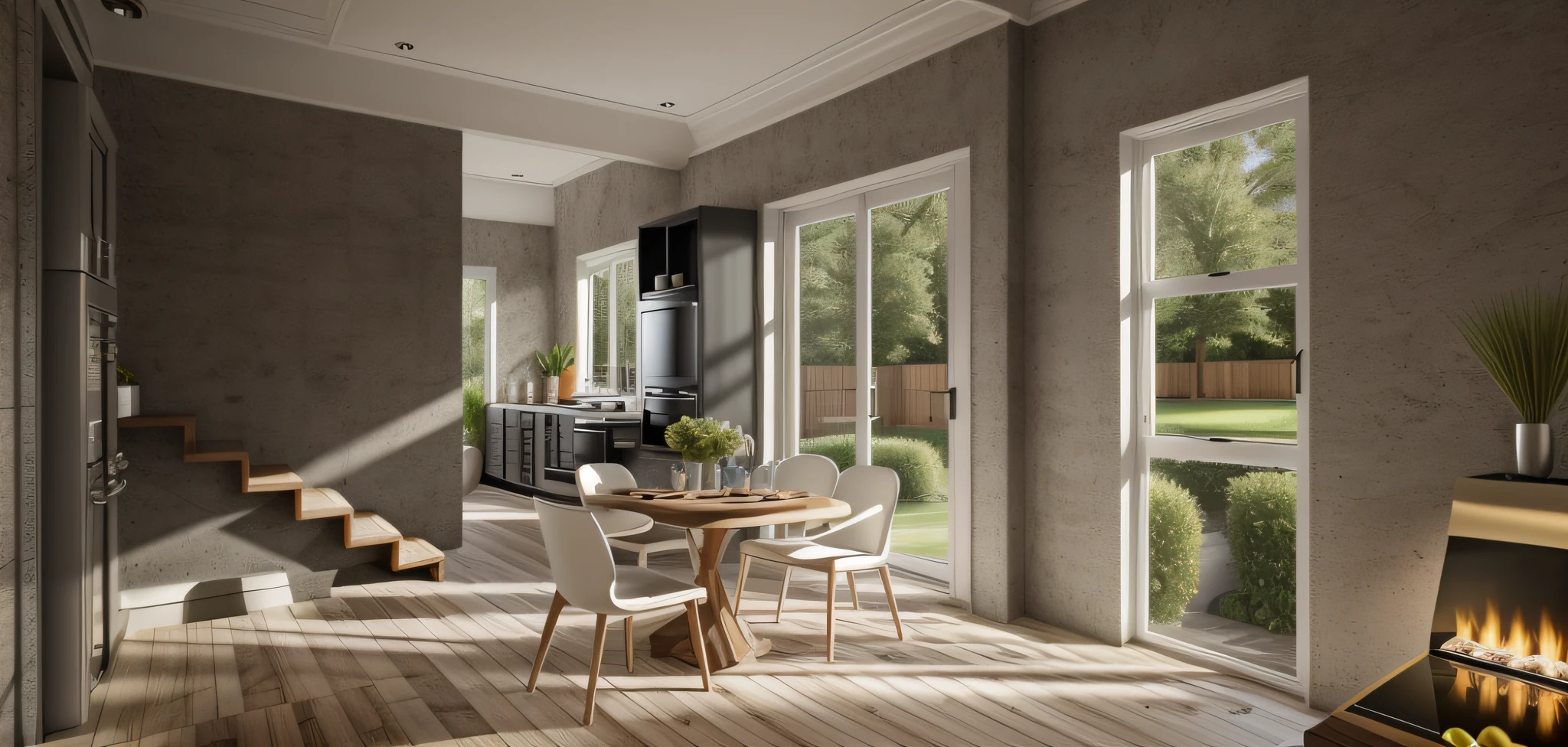 (kitchen:1.2), (photo realistic:1.2), (supper detail:1.2), pub chair (black:white), daylight, Unreal Engineer 8K, full HD 8K, cinematic lighting, warm light, kitchen drawing with dining table and chairs, 1 glass door, 1 glass window fromr floor to half wall