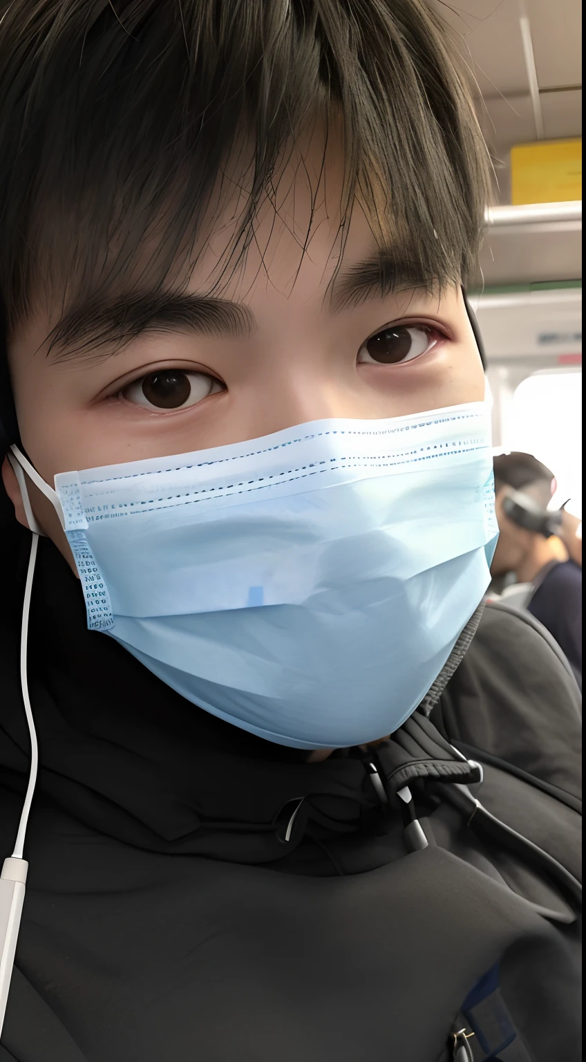 Alavid man wearing mask and headphones on train, surgical mask covering mouth, wearing face mask, wearing face mask, Wearing a mask, medical mask, people are wearing masks, detailed face with mask, wearing facemask and sunglasses, facemask, Mask, no face mask, some of them use gask mask, steve zheng