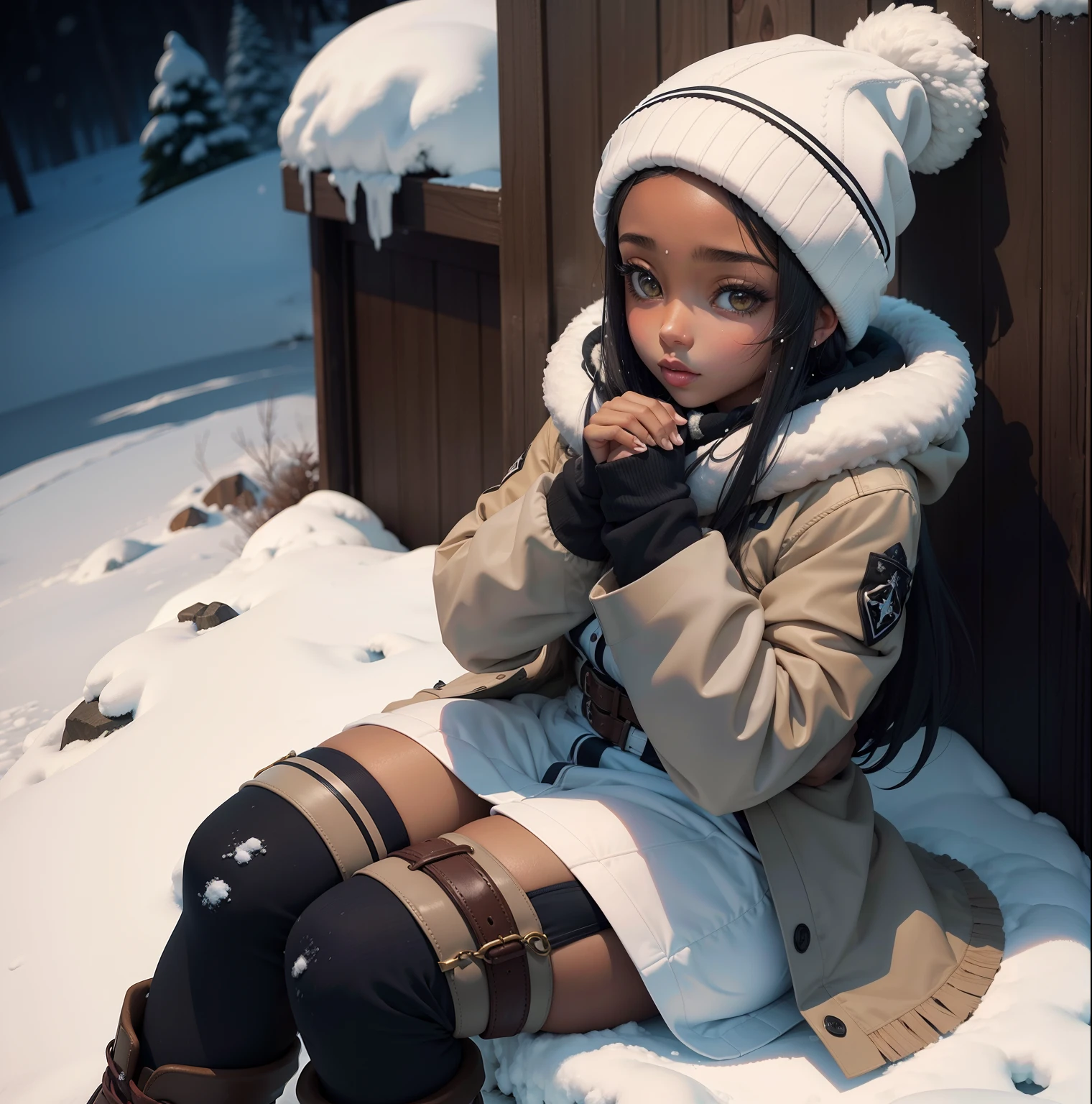 Quero algo no estilo anime com olhos grandes, roupas de inverno completamente branquinhas, no other color than white, gorros brancos fofinhos peludos, botas brancas peludas, luvas branquinhas, roupa de inverno branca, gorros brancos, uma (1) mulher negra, pele escura, mulher negra, pele escura, cabelo preto, sitting in the snow warming her hands, cabelo preto, botas brancas peludas, mulher fofa, mulher fofa, olhos grandes de animes, olhos grandes, linda, perfeita, fofinha, nevando, neve, nevando, neve, nevando, neve, nevando.