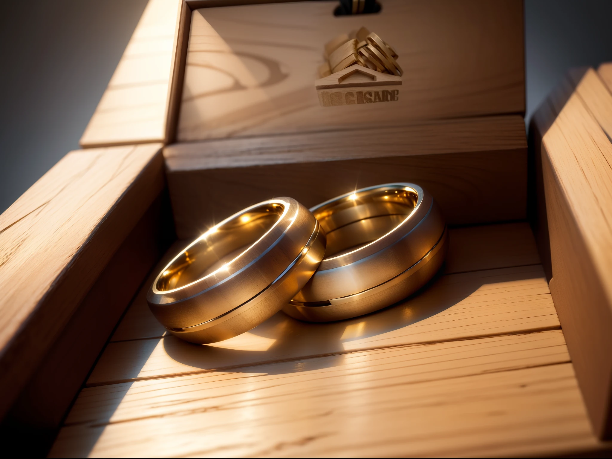 (masterpiece, best quality), best resolution, two gold wedding rings side by side in a wooden box