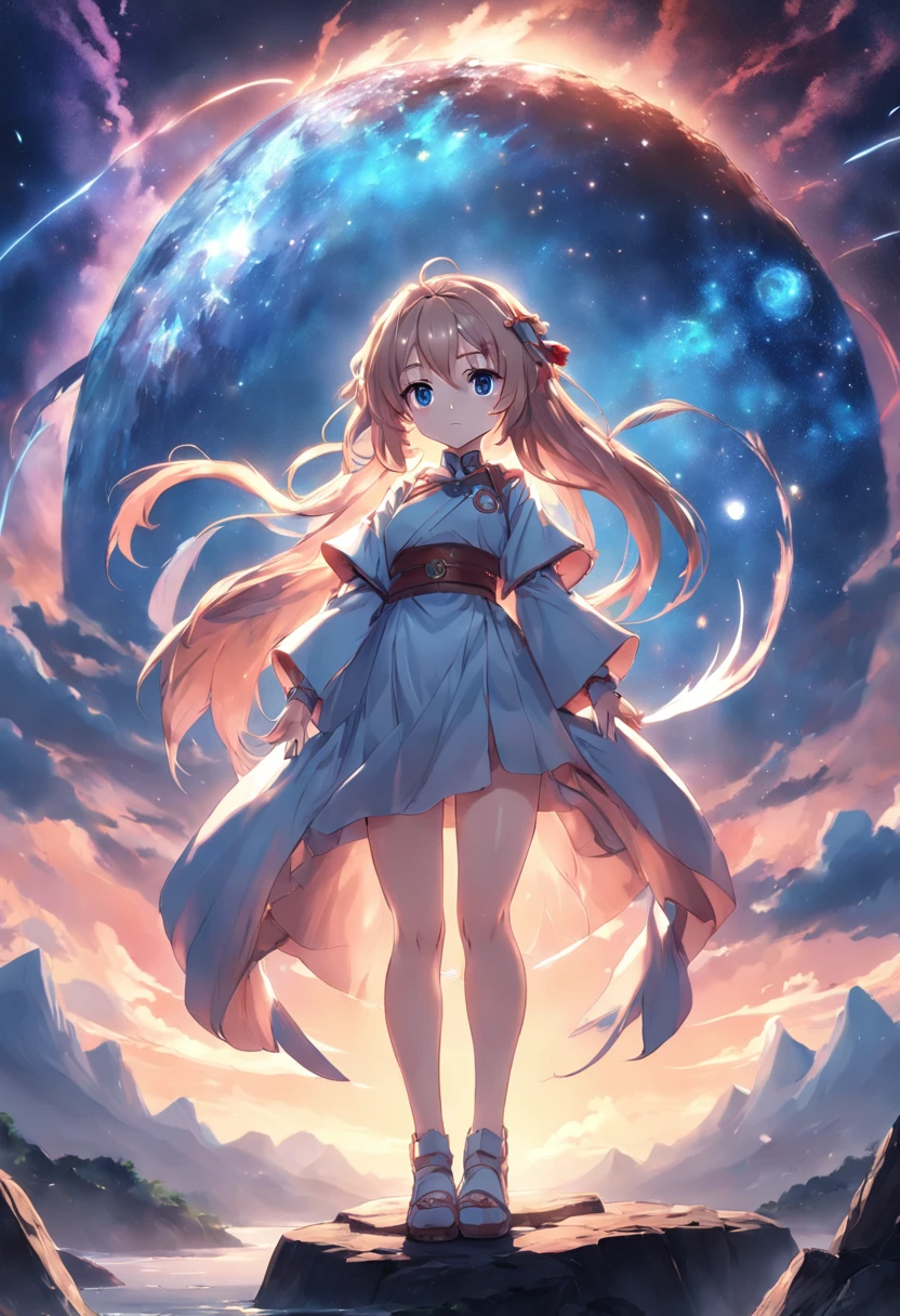 Anime girl standing on a rock against circular light background, anime style 4 k, Anime art wallpaper 8k, anime girl with cosmic hair, anime art wallpaper 4k, anime art wallpaper 4k, anime wallpaper 4 k, anime wallpaper 4k, ethereal anime, 4k anime wallpaper, anime moe art style, anime epic artwork, anime lighting、NSFW, (8K, Raw photography, top-quality, ​masterpiece:1.2), (realisitic, Photorealsitic:1.37), ultra-detailliert, 1 rapariga, 独奏, cute little, Beautiful detailed sky,nigh sky