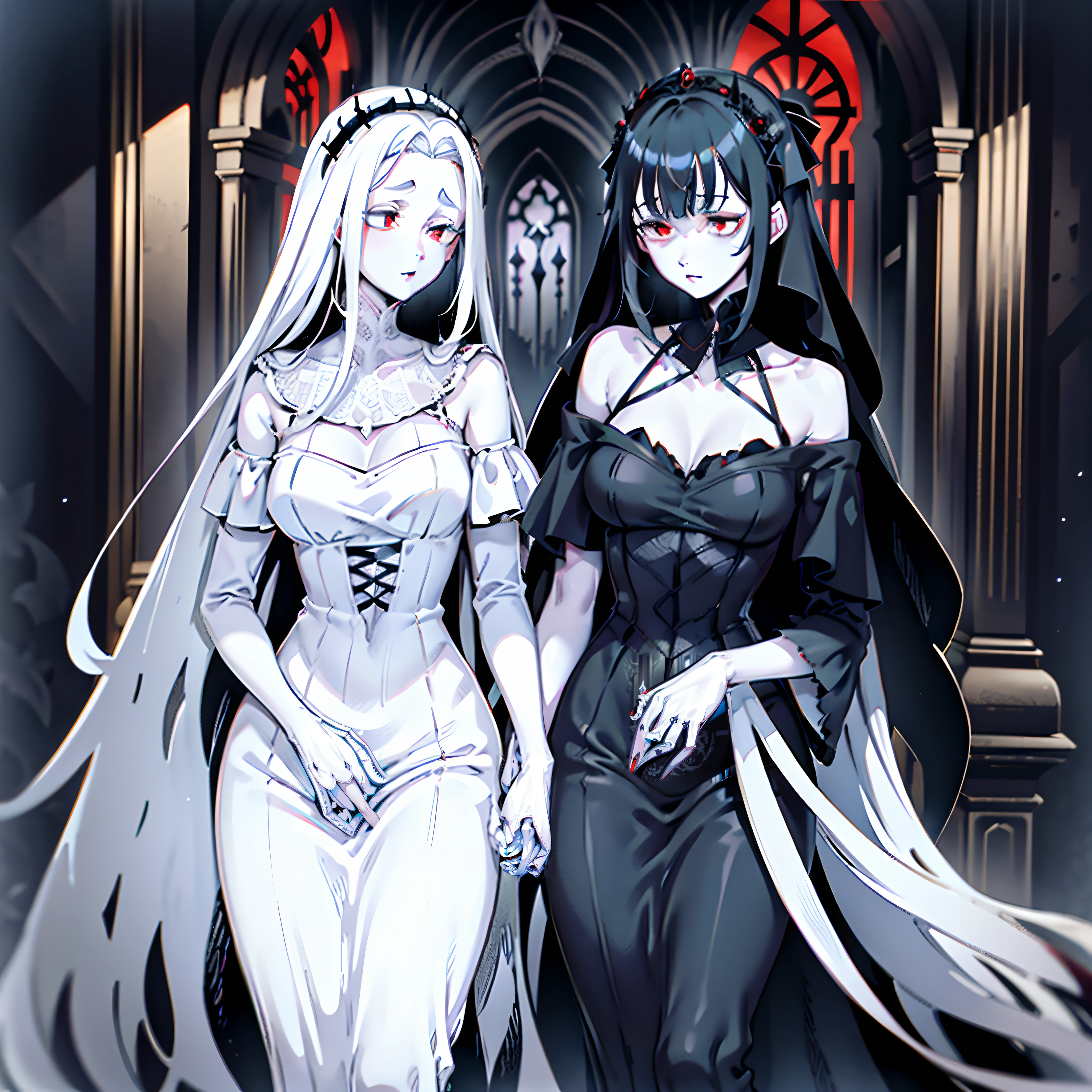 ugliness. Neo-Gothic. glomy. inkpunk minimalism. Tim Burton. Corpse Bride.white wedding gown，white dresses，Red eyes，Pale skin，Black color hair，In the dark，Dark environment，Plenty of tombstones，In the cemetery，White flowers，The body is covered with sutures