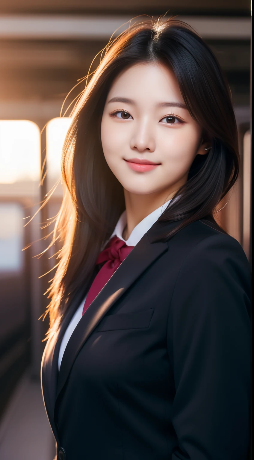 realistic photos of 1 cute Korean star, hair behind ear, white skin, thin makeup, 32 inch breasts size, slightly smile, wearing black office suit, at the train station, sunset light, upper body portrait, UHD