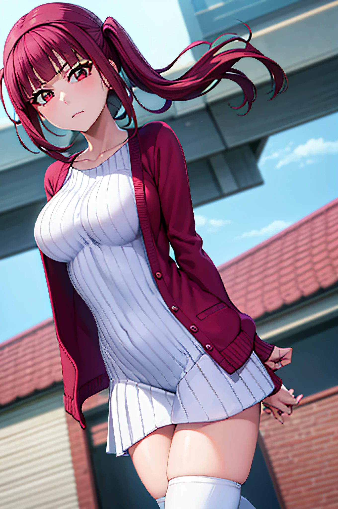 "Riruka, with vibrant eyes, standing in a peaceful town street, showcasing a moderate bust and soft rosy cheeks, wearing an red cardigan  and white stockings, with a demure expression and stylish twin tails."