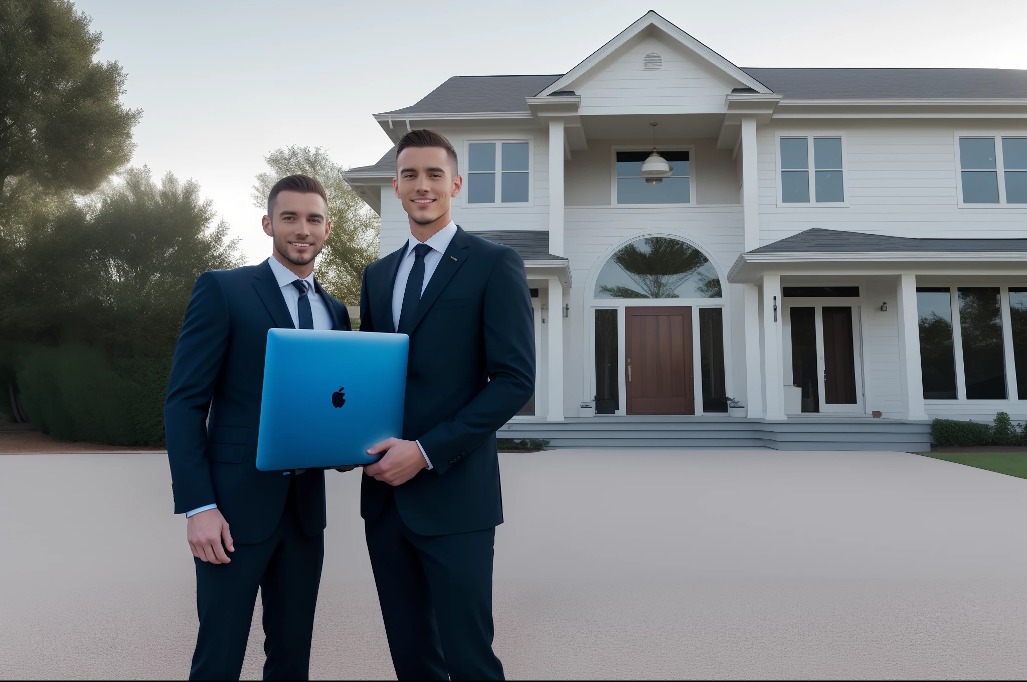 A image containing a handsome man wears buisness suit standing outside of his big house carried laptop in his hands
With his Lamborghini