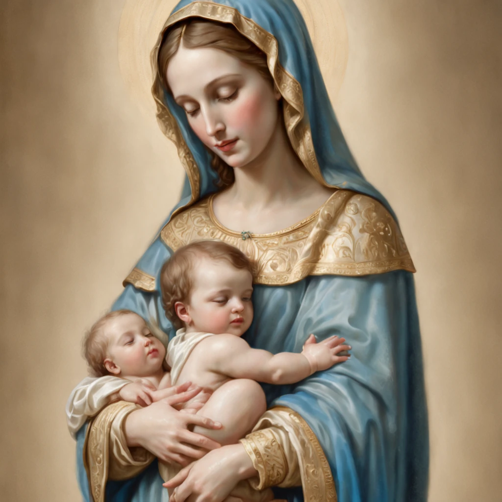 Drawing of a woman holding a in her arms, Virgin Mary, Toddler with Jesus, Mother, Queen of Heaven, Beautiful Art, painting of beautiful, Beautiful depiction, Portrait of the Virgin Mary, Catholic Religious Art, rosen maiden, Sacred and beautiful, with a blue background, Boregov, guweiz masterpiece, religious art, Christian art, religious painting、ssmile